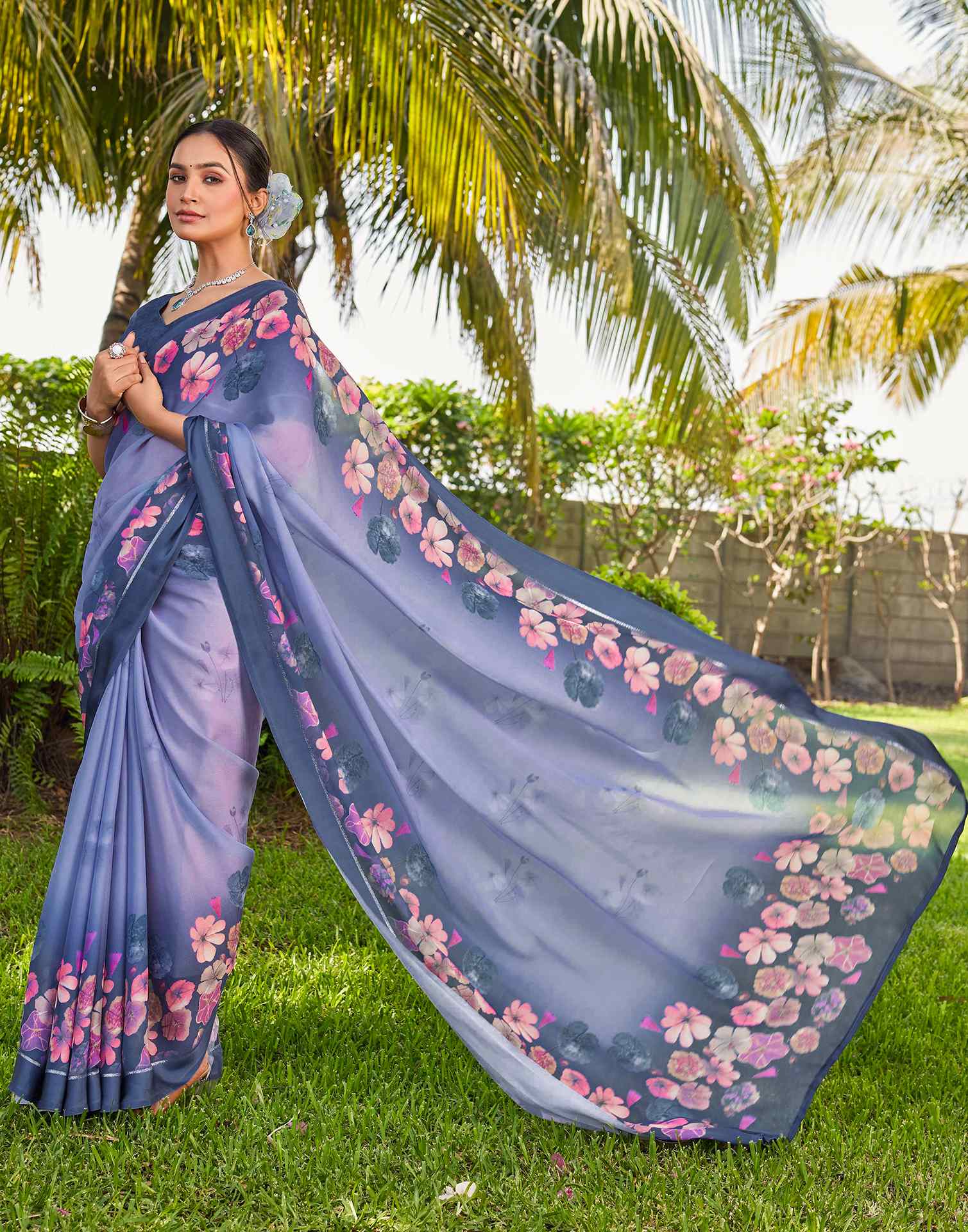Dusty Blue Georgette Floral Printed Saree