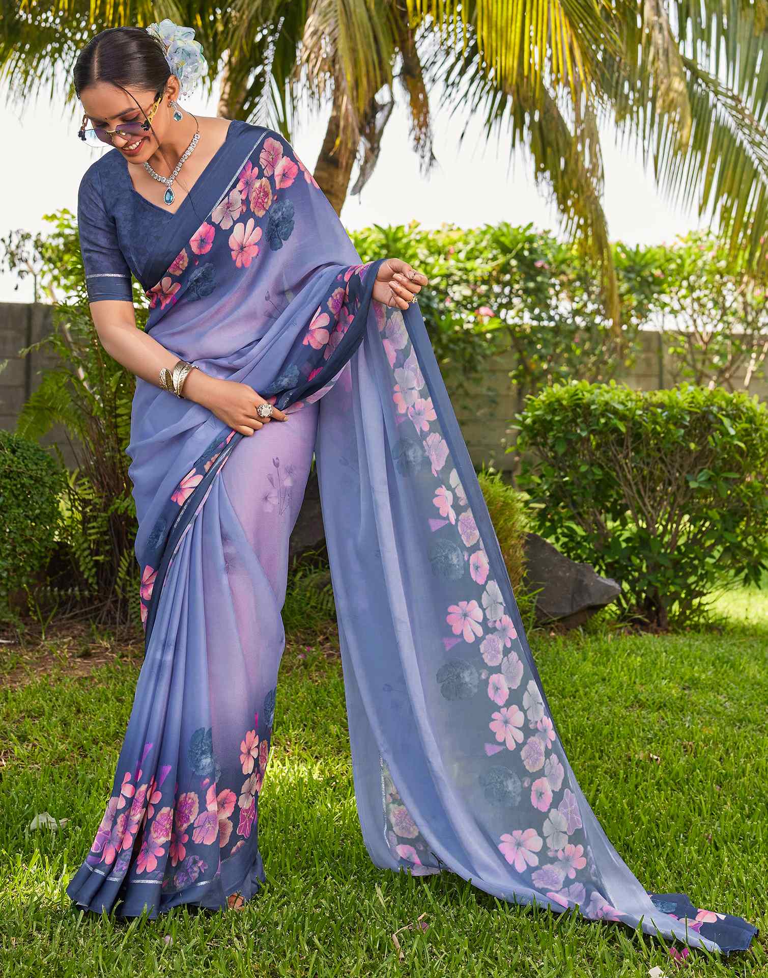 Dusty Blue Georgette Floral Printed Saree