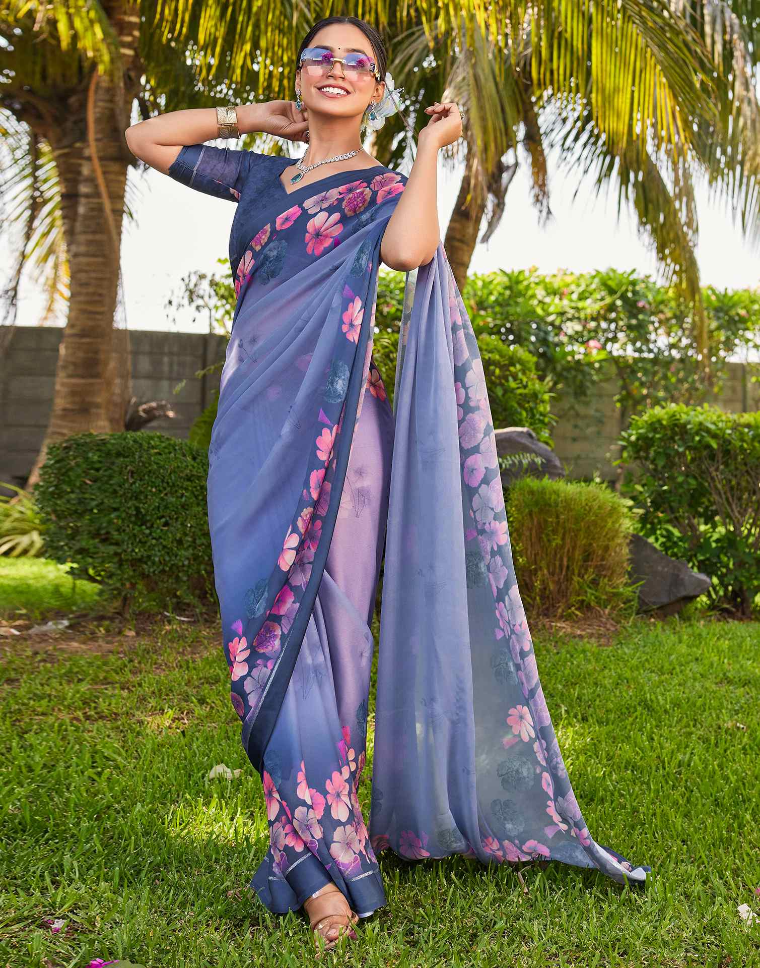 Dusty Blue Georgette Floral Printed Saree