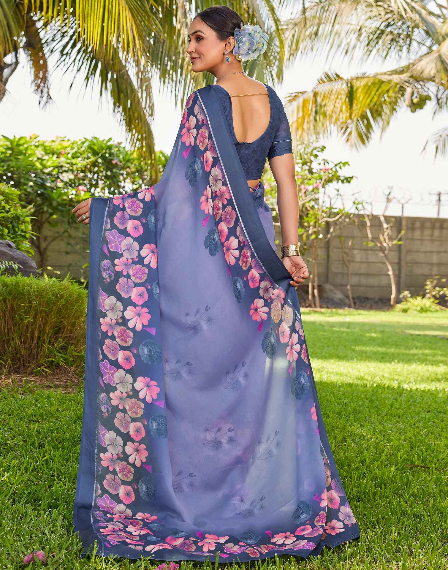 Dusty Blue Georgette Floral Printed Saree
