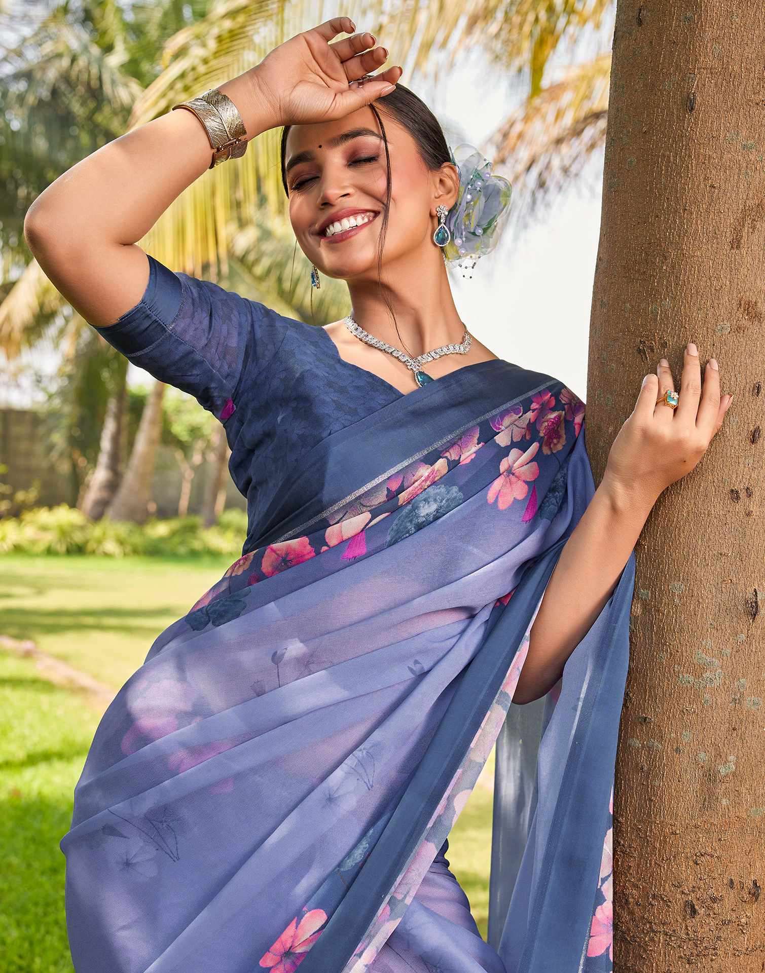 Dusty Blue Georgette Floral Printed Saree