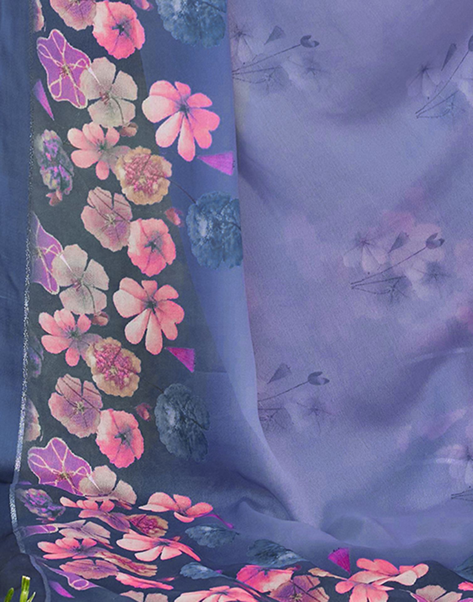 Dusty Blue Georgette Floral Printed Saree