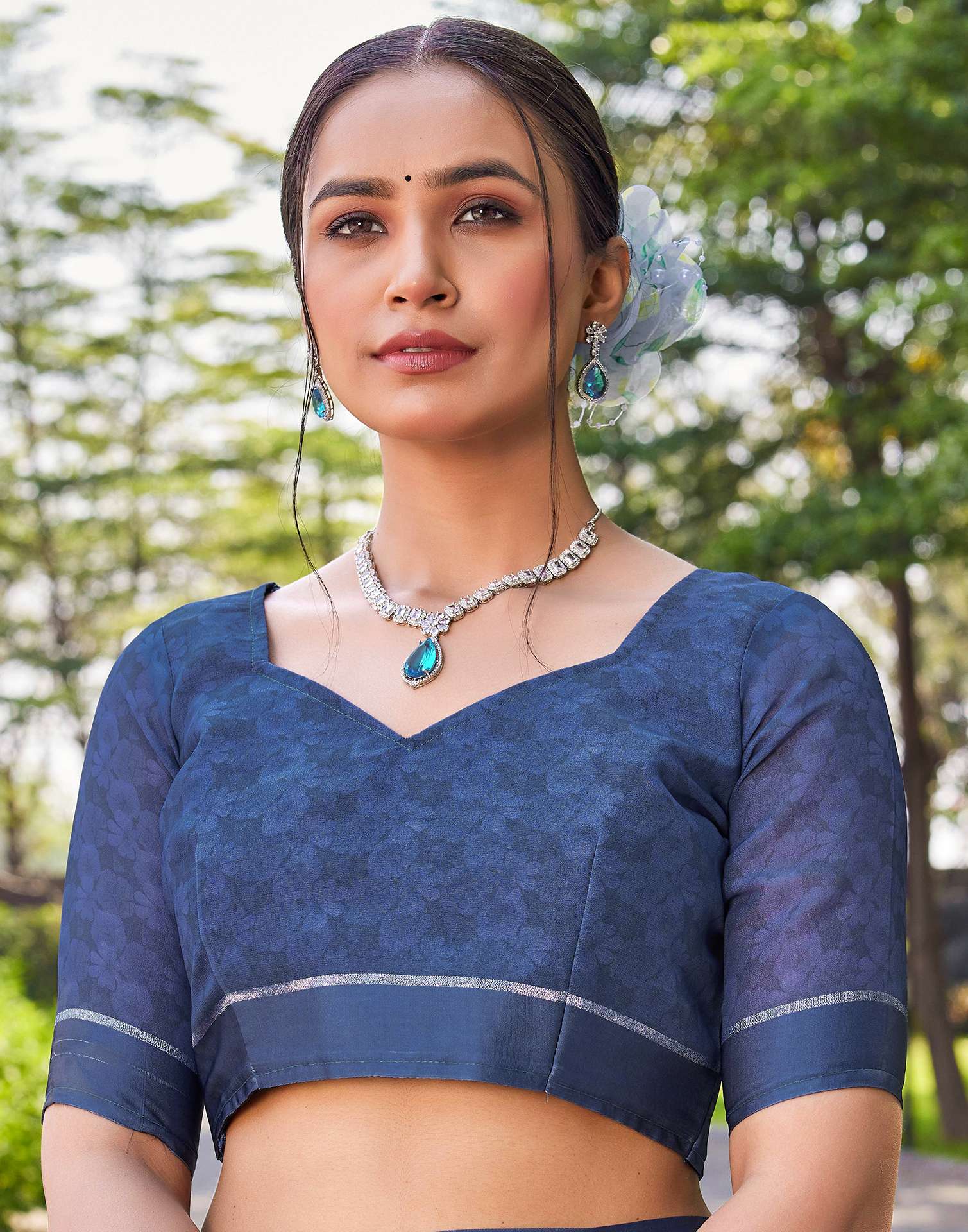 Dusty Blue Georgette Floral Printed Saree