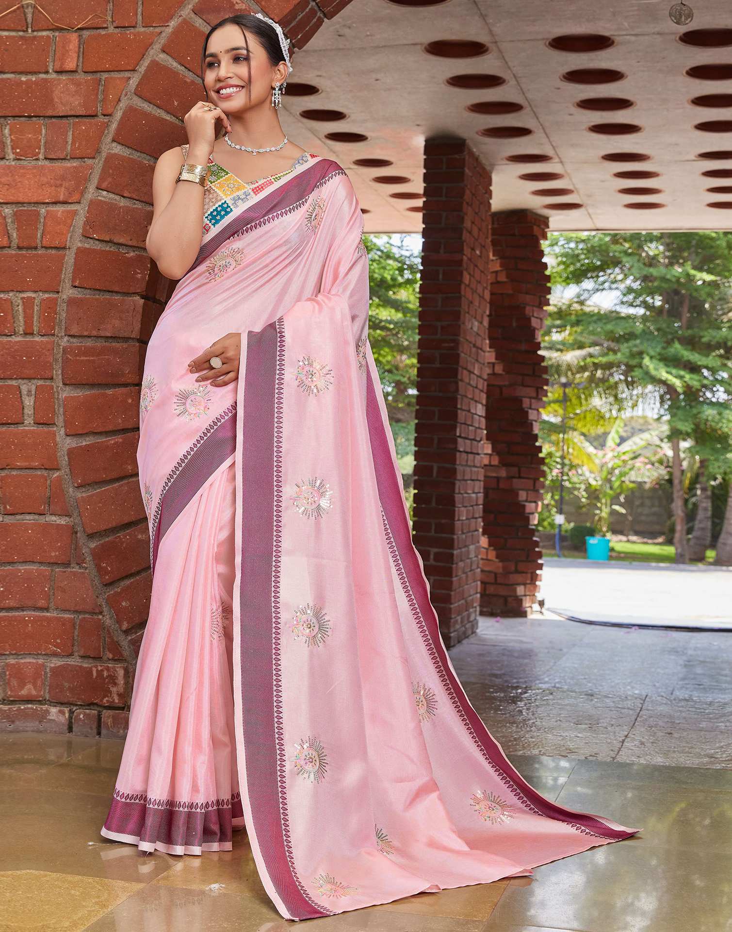 Light Pink Silk Embroidery Saree