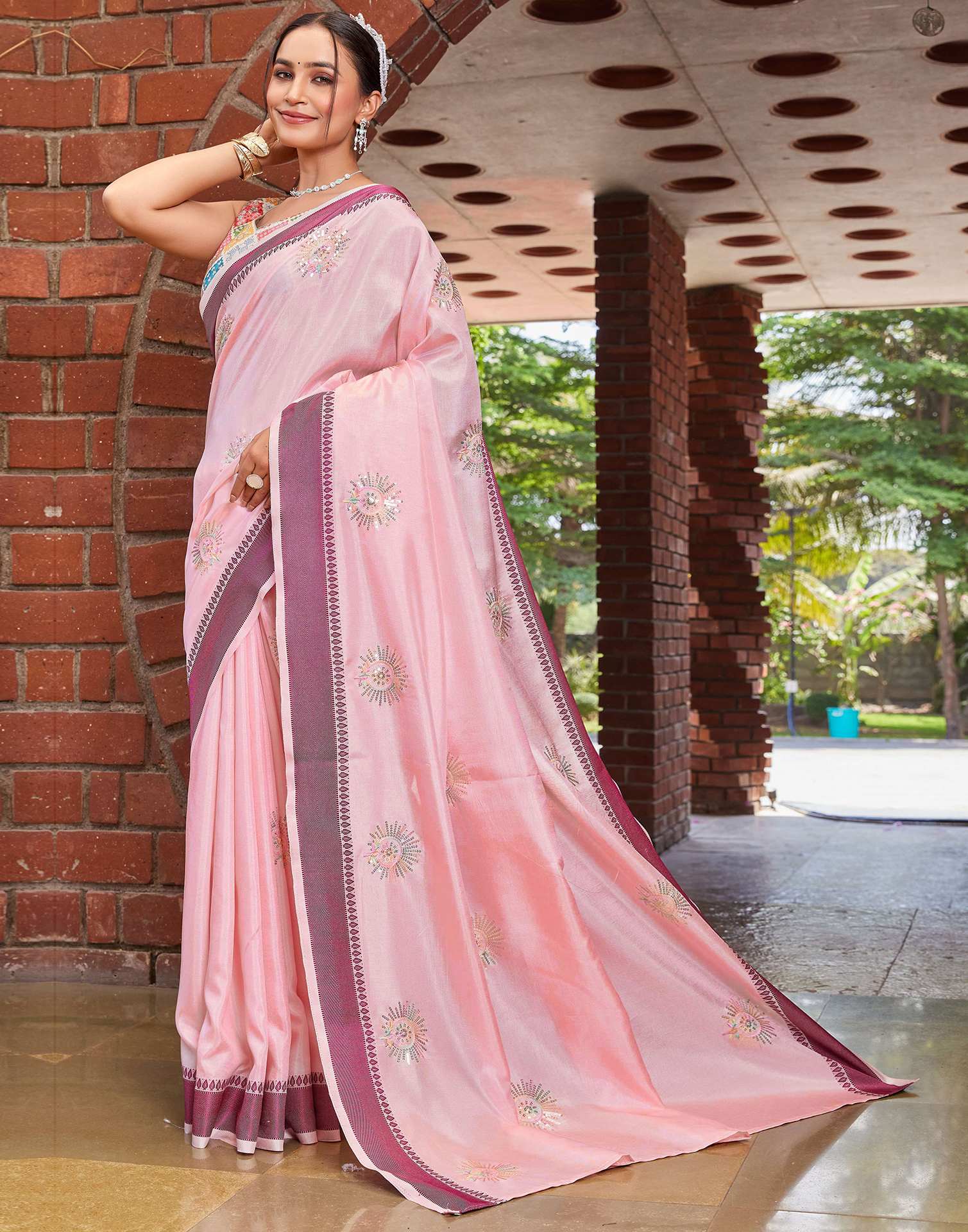 Light Pink Silk Embroidery Saree