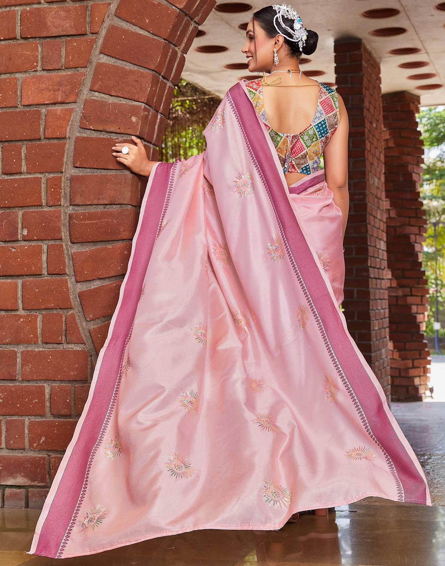 Light Pink Silk Embroidery Saree