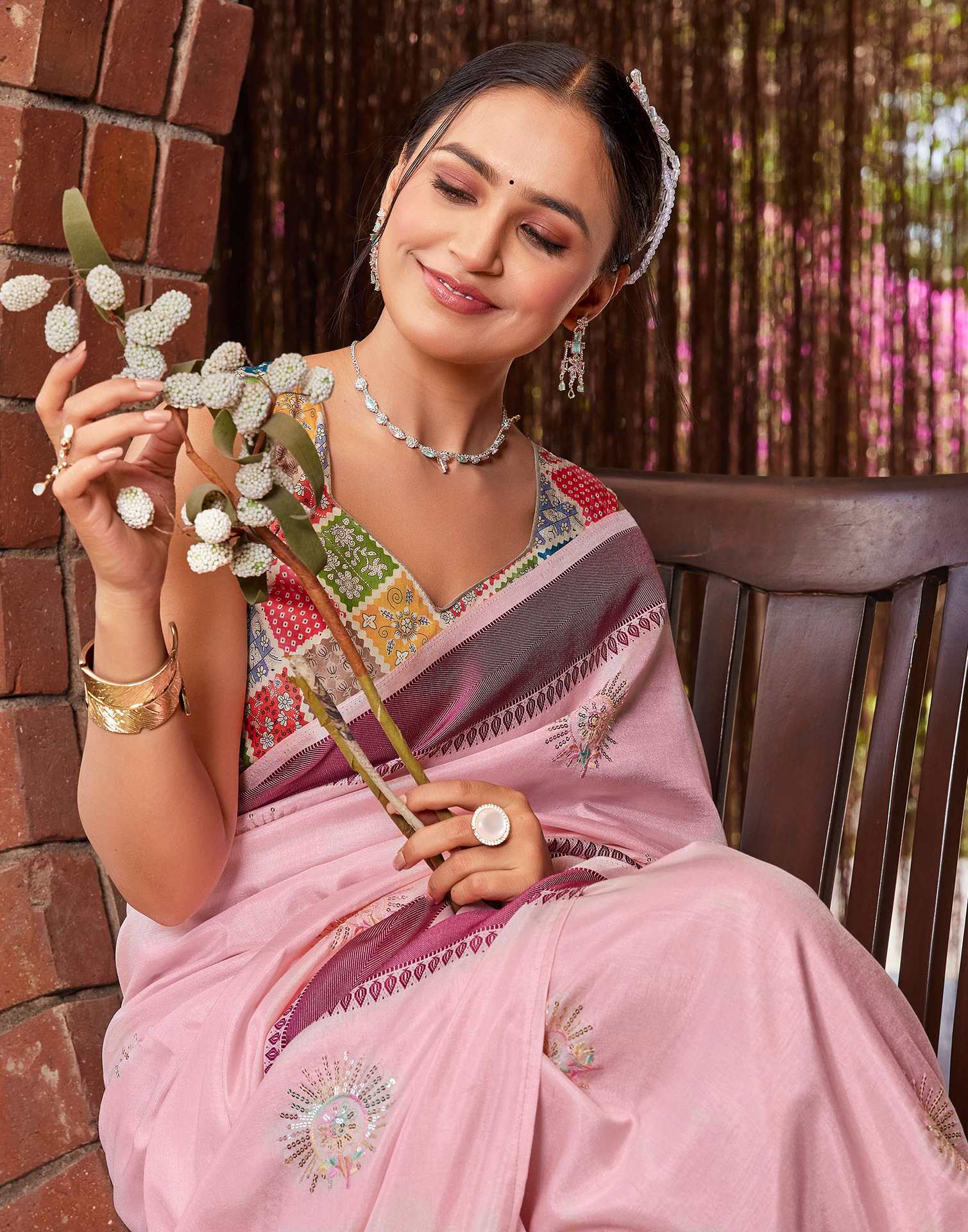 Light Pink Silk Embroidery Saree