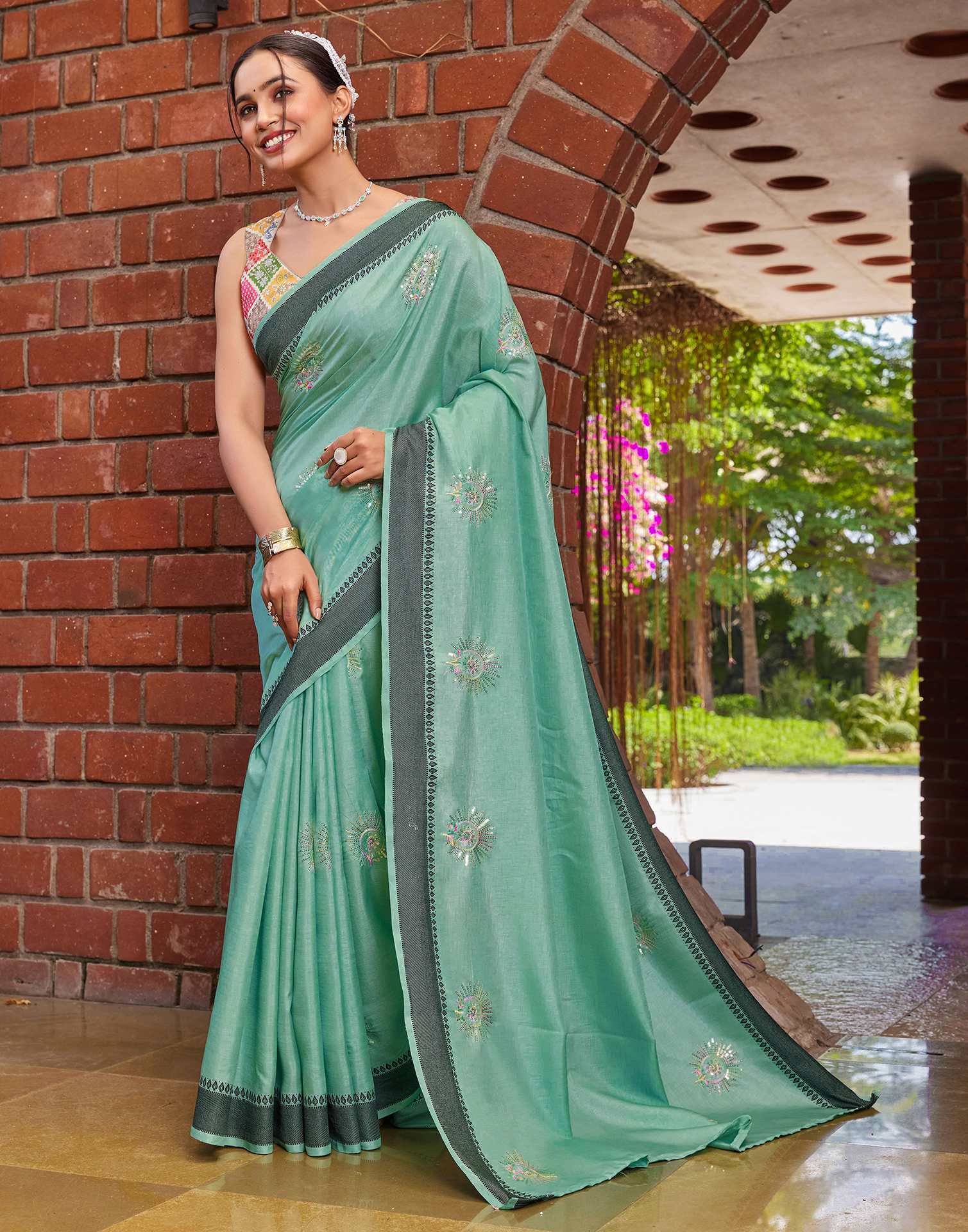 Teal Green Silk Embroidery Saree