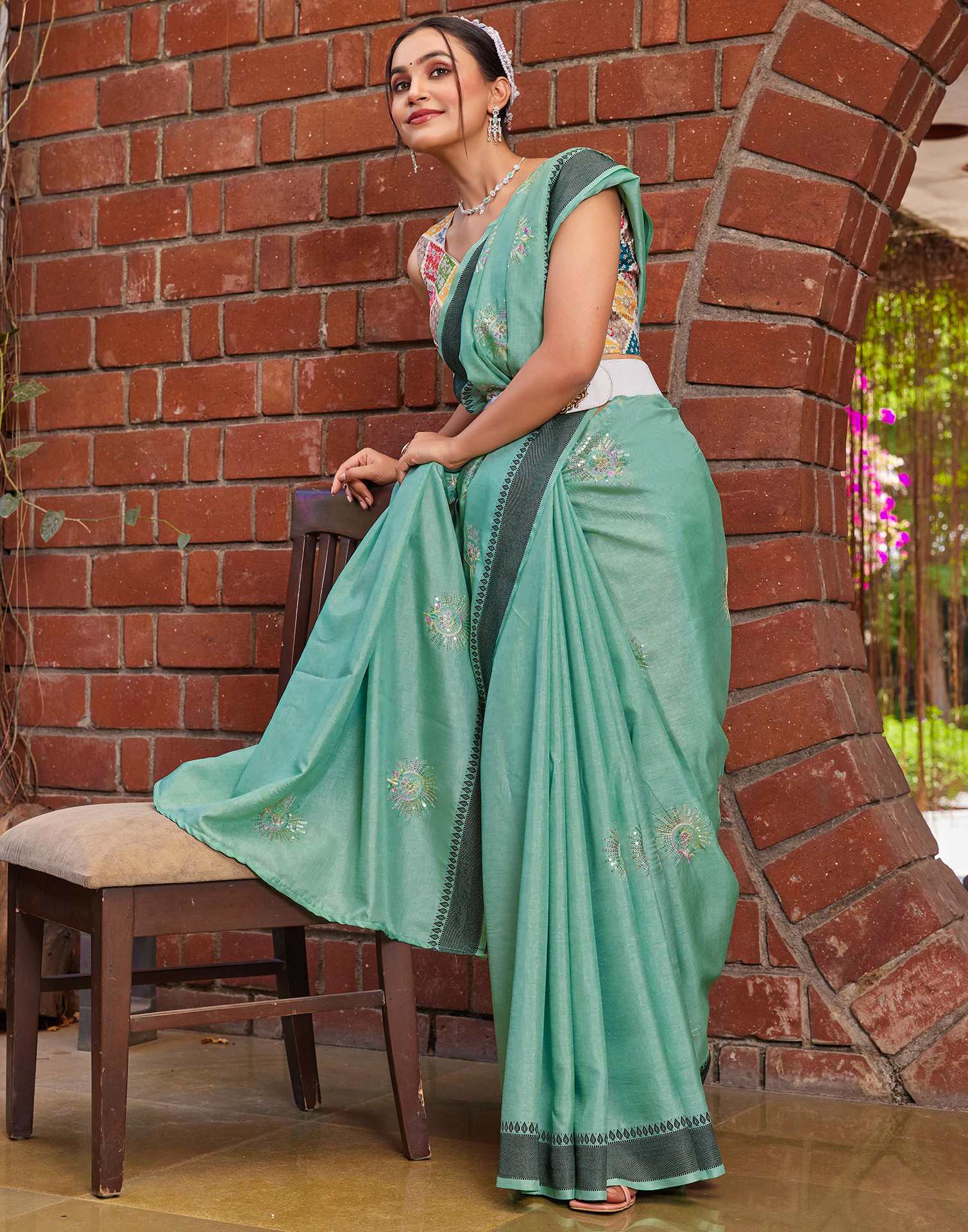 Teal Green Silk Embroidery Saree