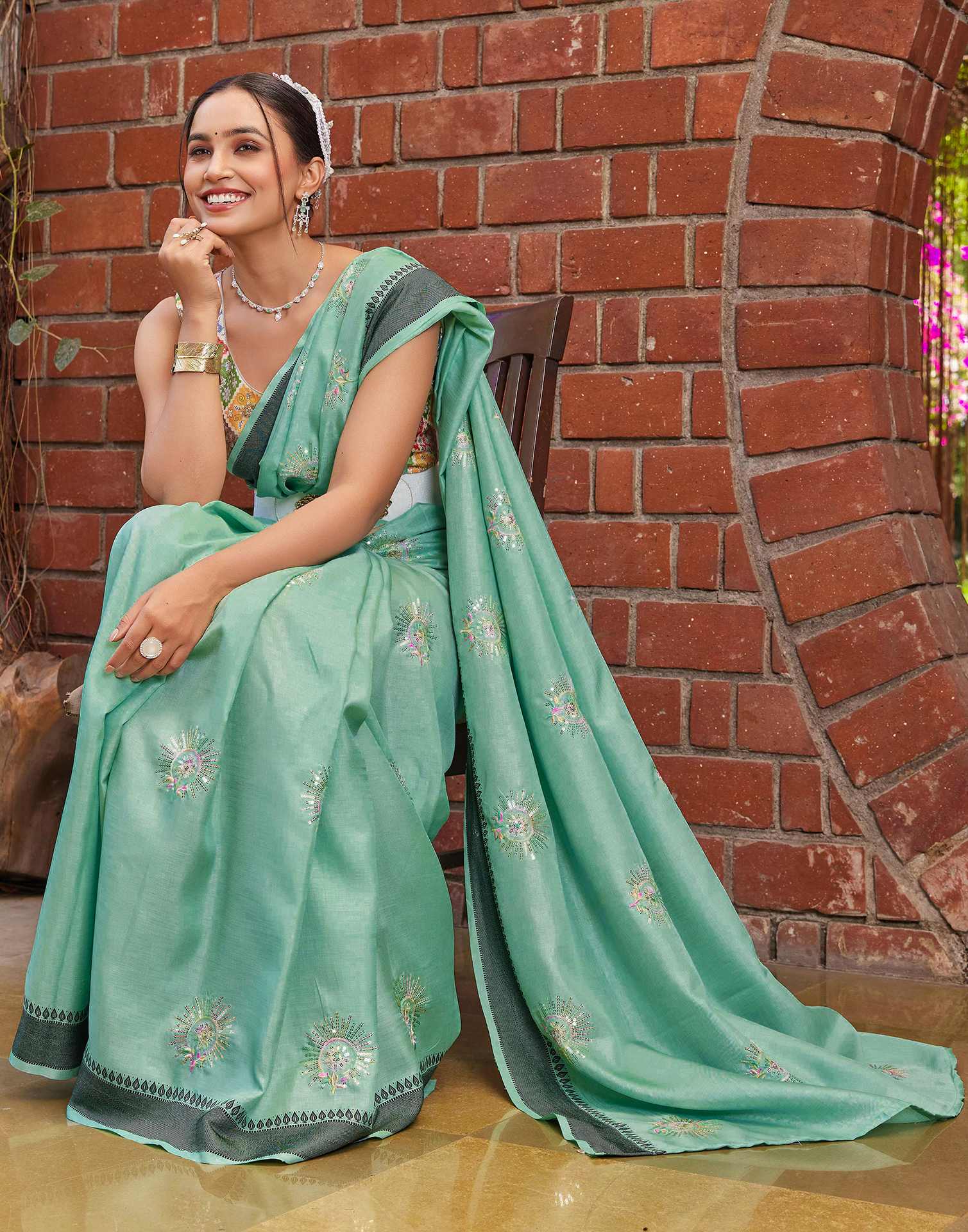 Teal Green Silk Embroidery Saree