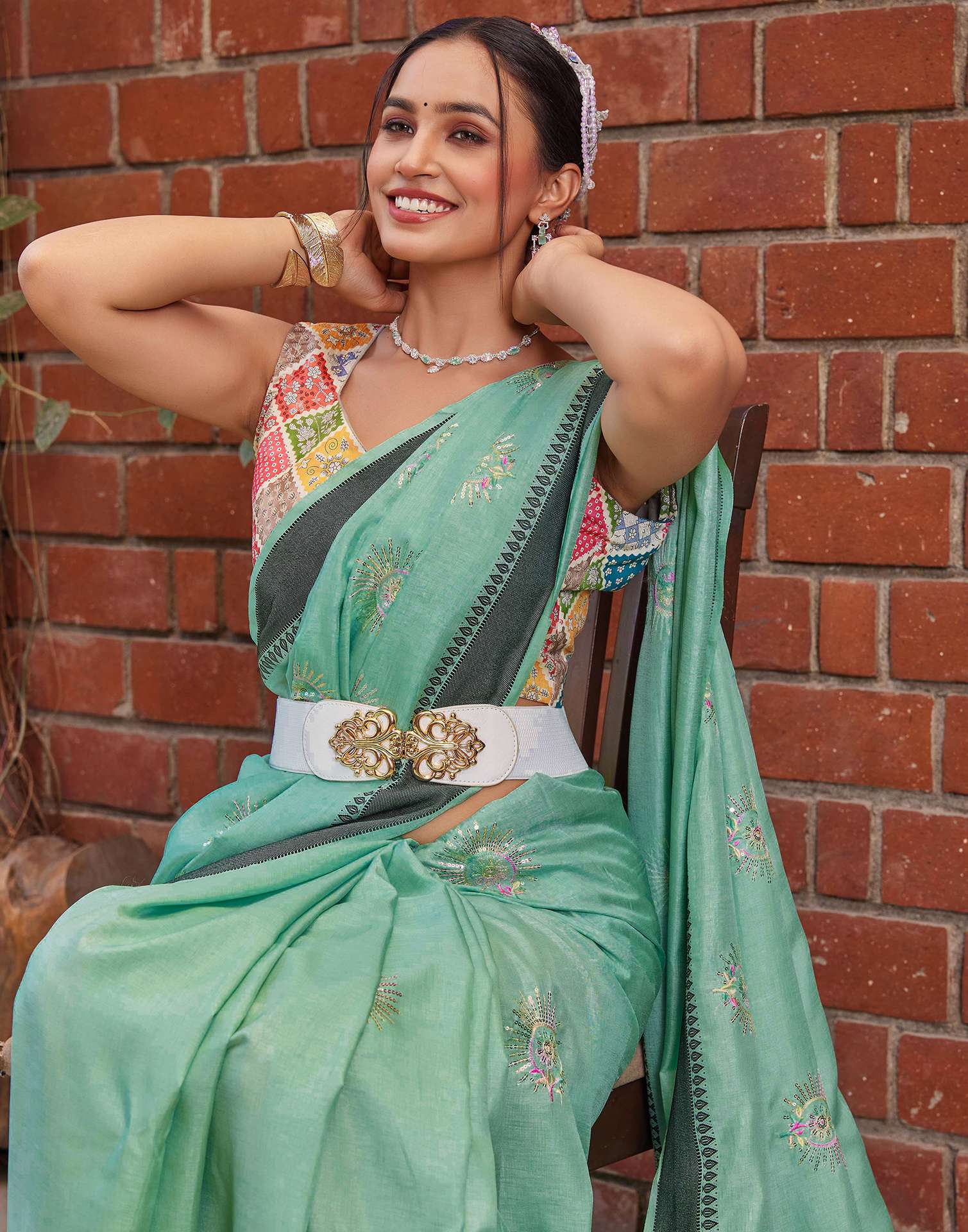 Teal Green Silk Embroidery Saree