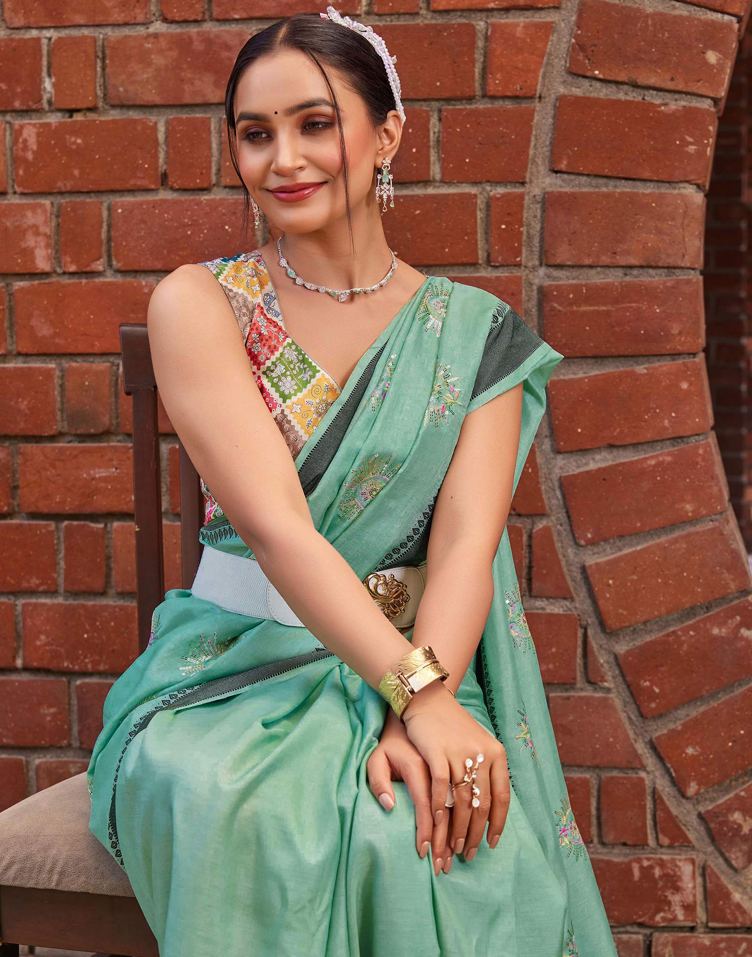 Teal Green Silk Embroidery Saree