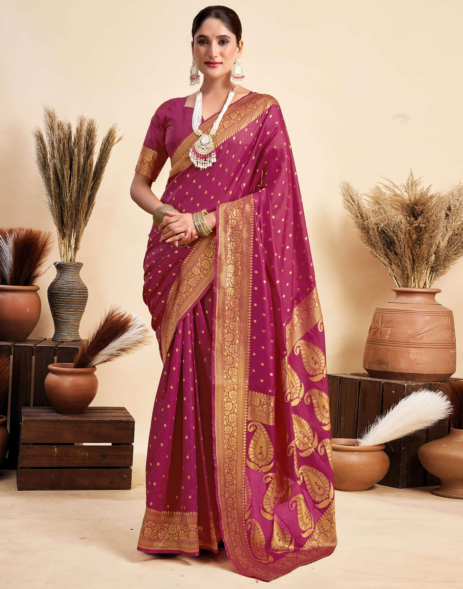 Rani Pink Silk Woven Banarasi Saree