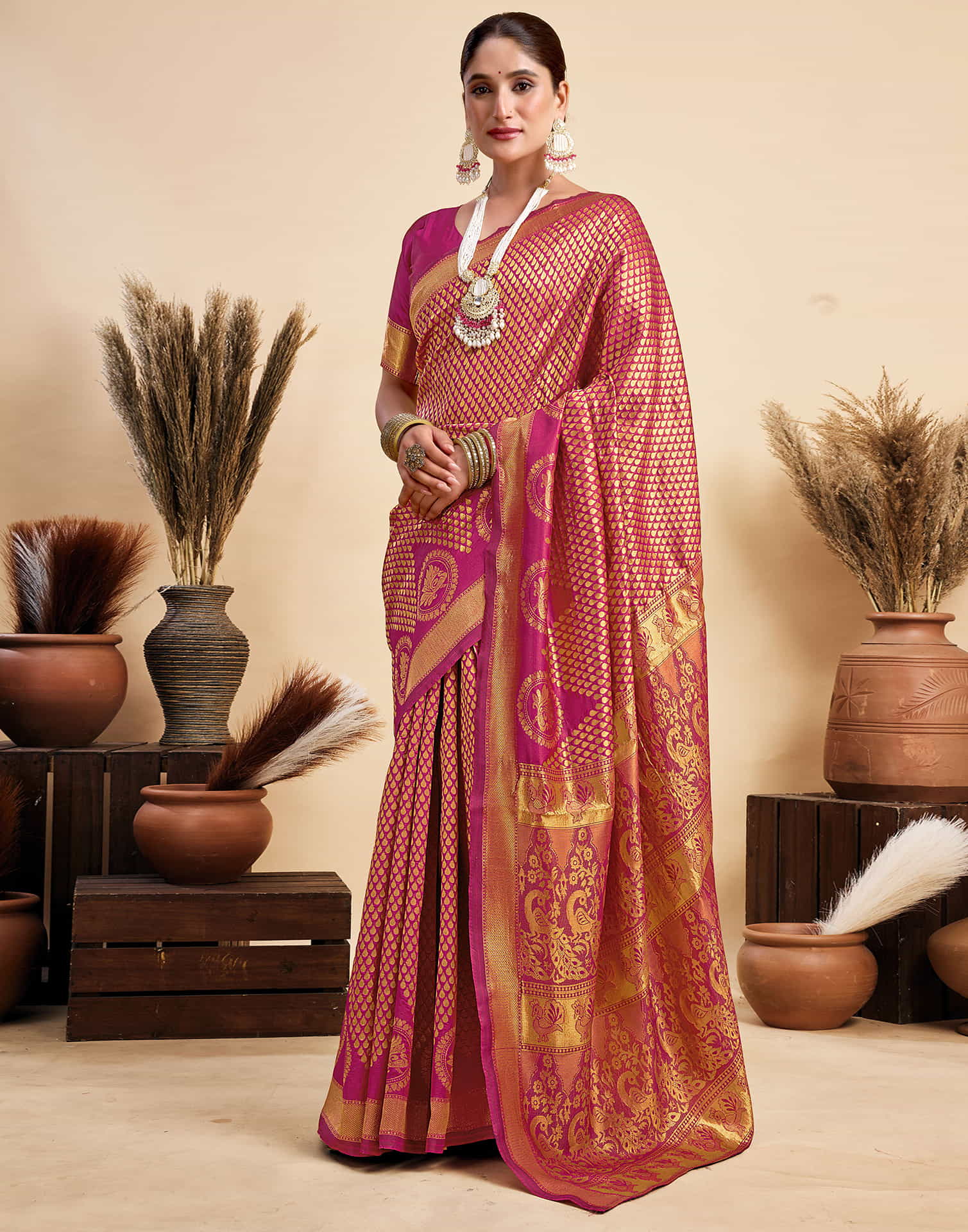 Rani Pink Silk Woven Kanjivaram Saree