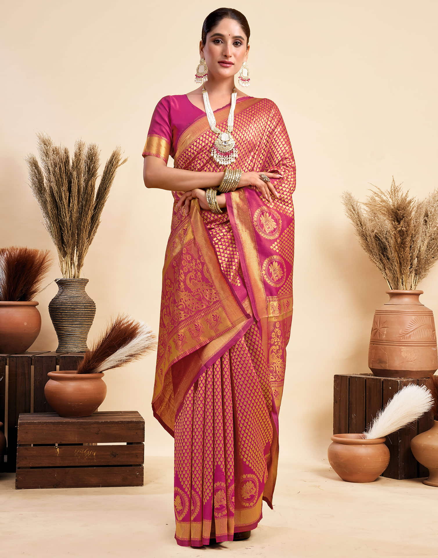 Rani Pink Silk Woven Kanjivaram Saree