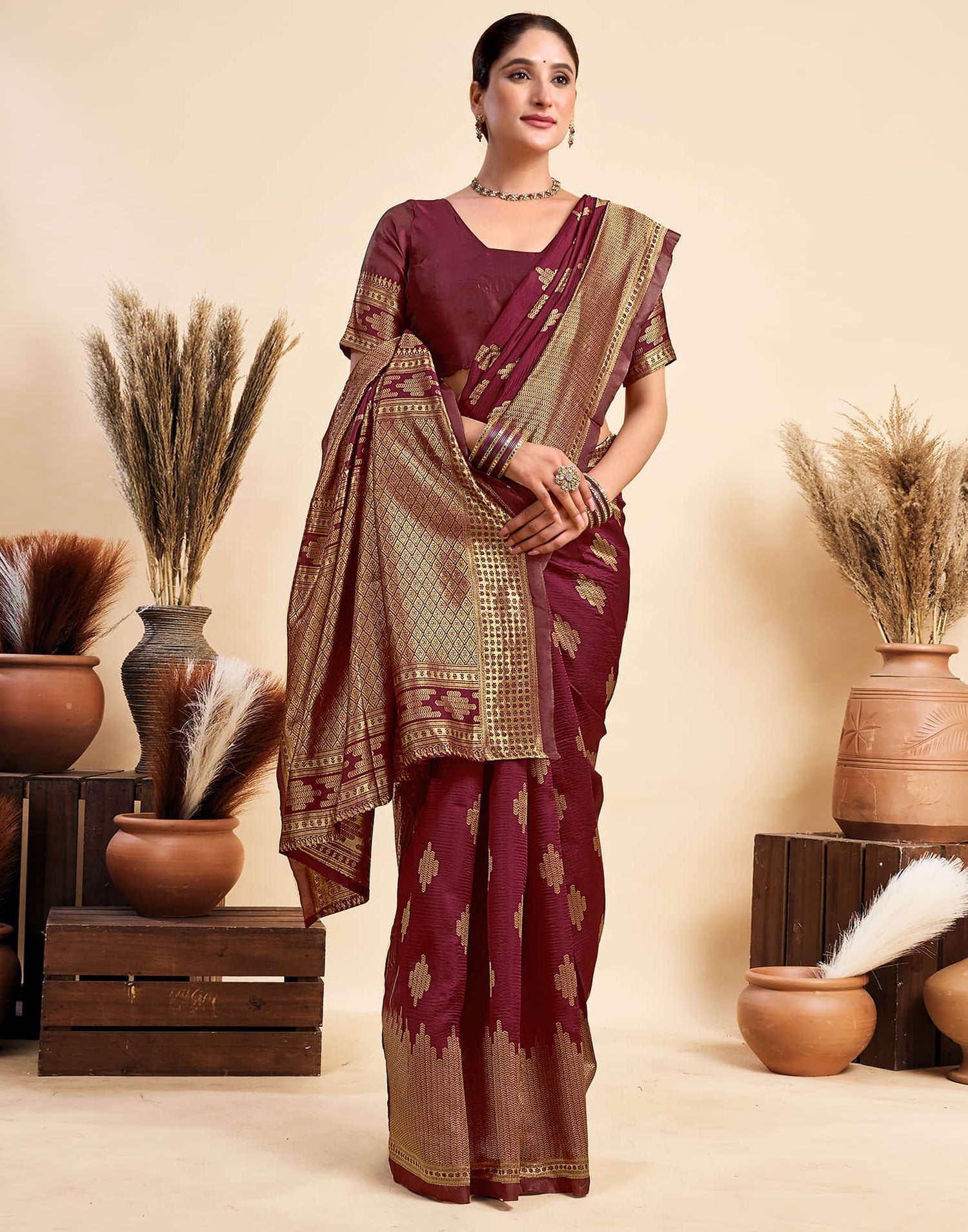 Maroon Silk Woven Saree