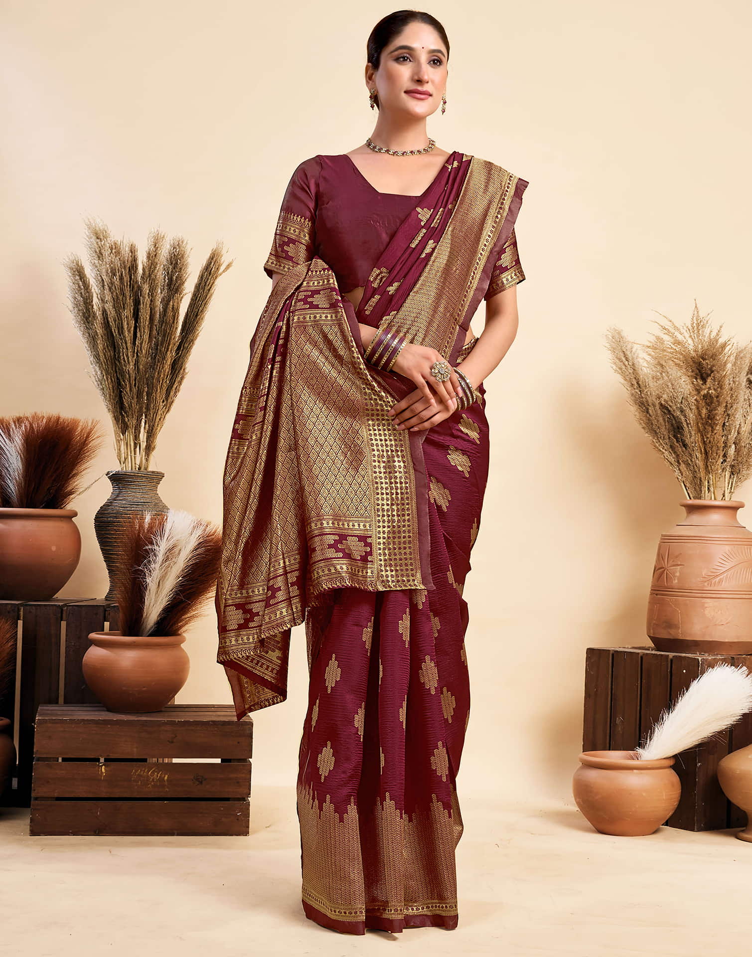 Maroon Silk Woven Saree
