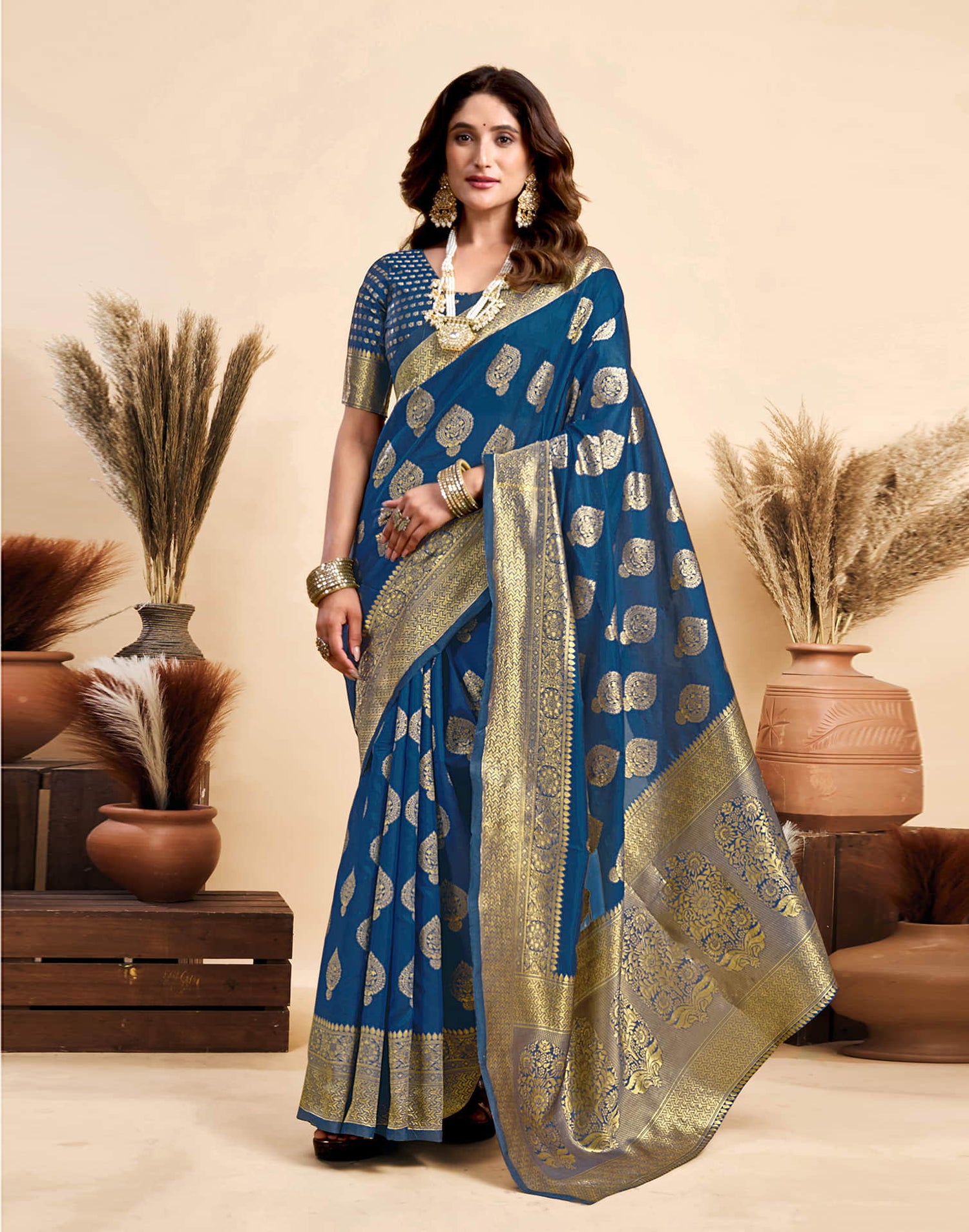 Rama Blue Silk Woven Banarasi Saree