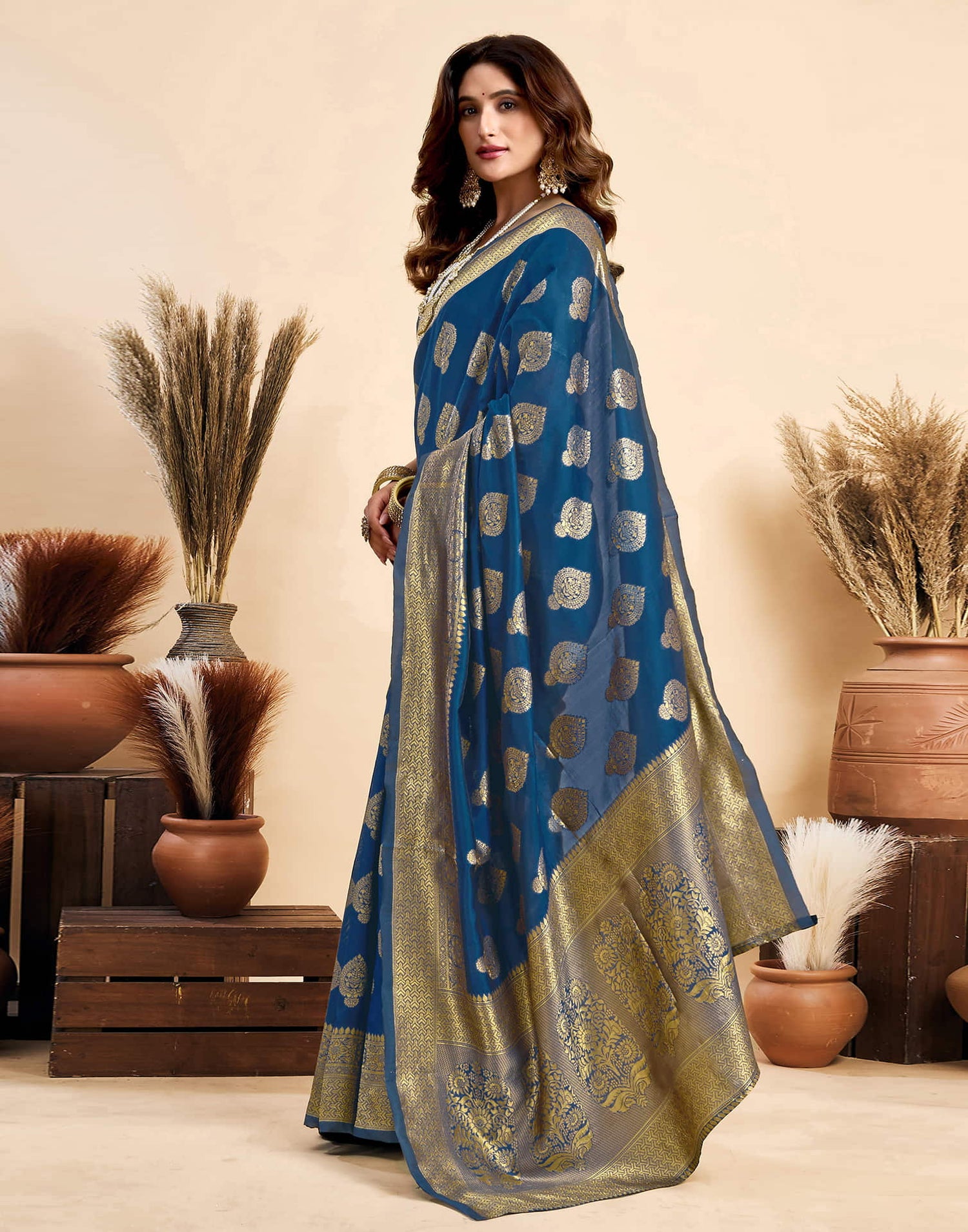 Rama Blue Silk Woven Banarasi Saree
