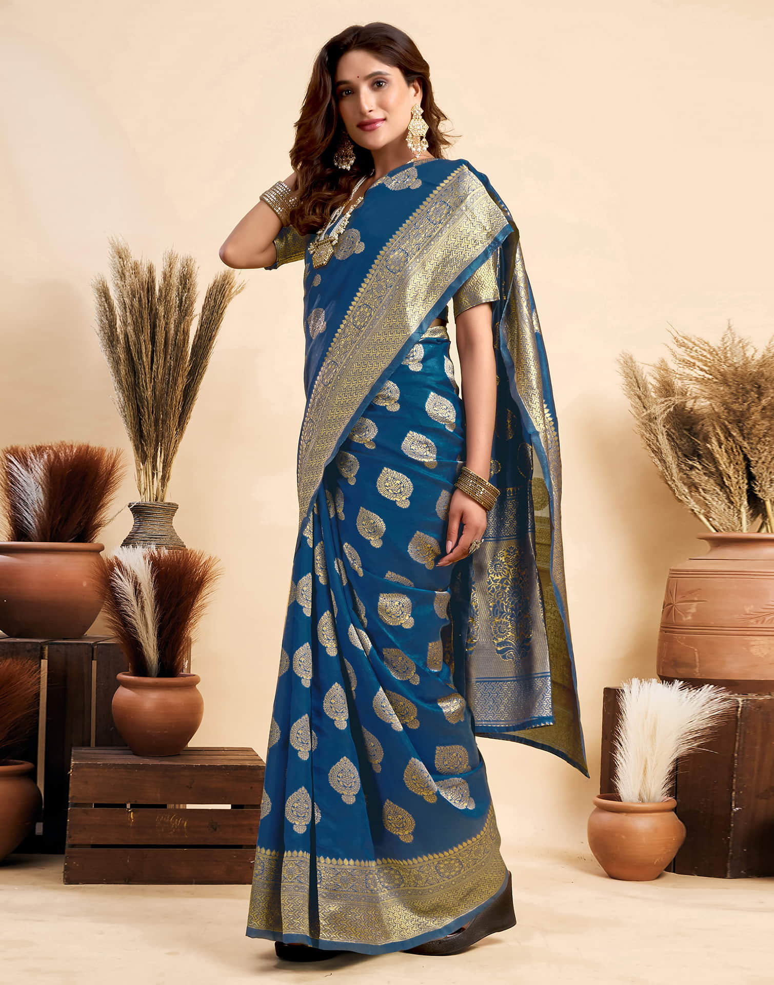 Rama Blue Silk Woven Banarasi Saree