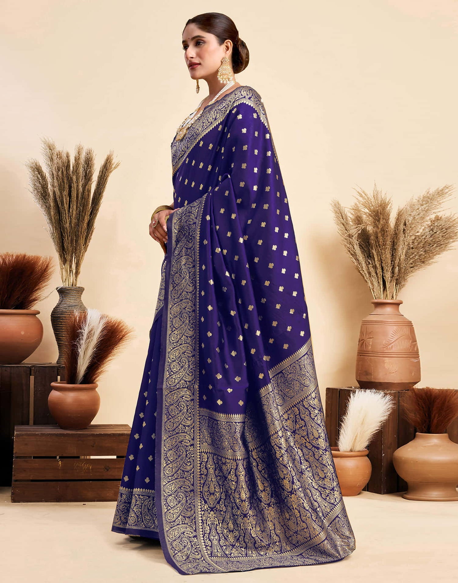 Navy Blue Silk Woven Banarasi Saree