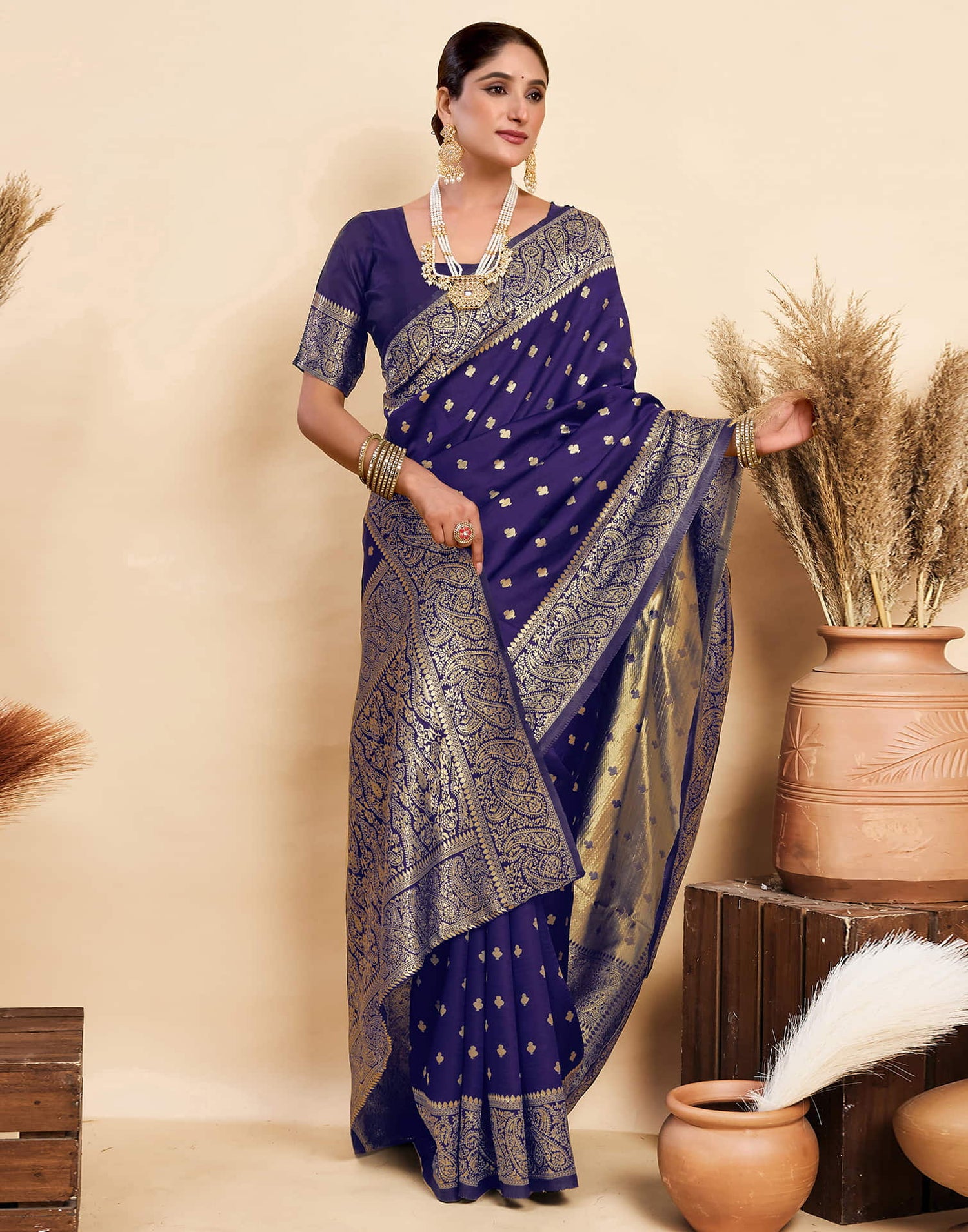 Navy Blue Silk Woven Banarasi Saree