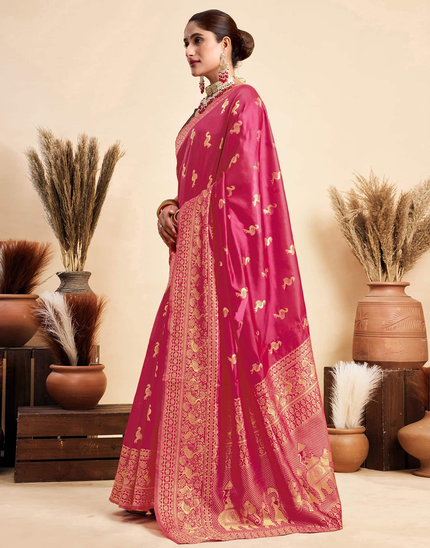 Bright Pink Silk Woven Banarasi Saree
