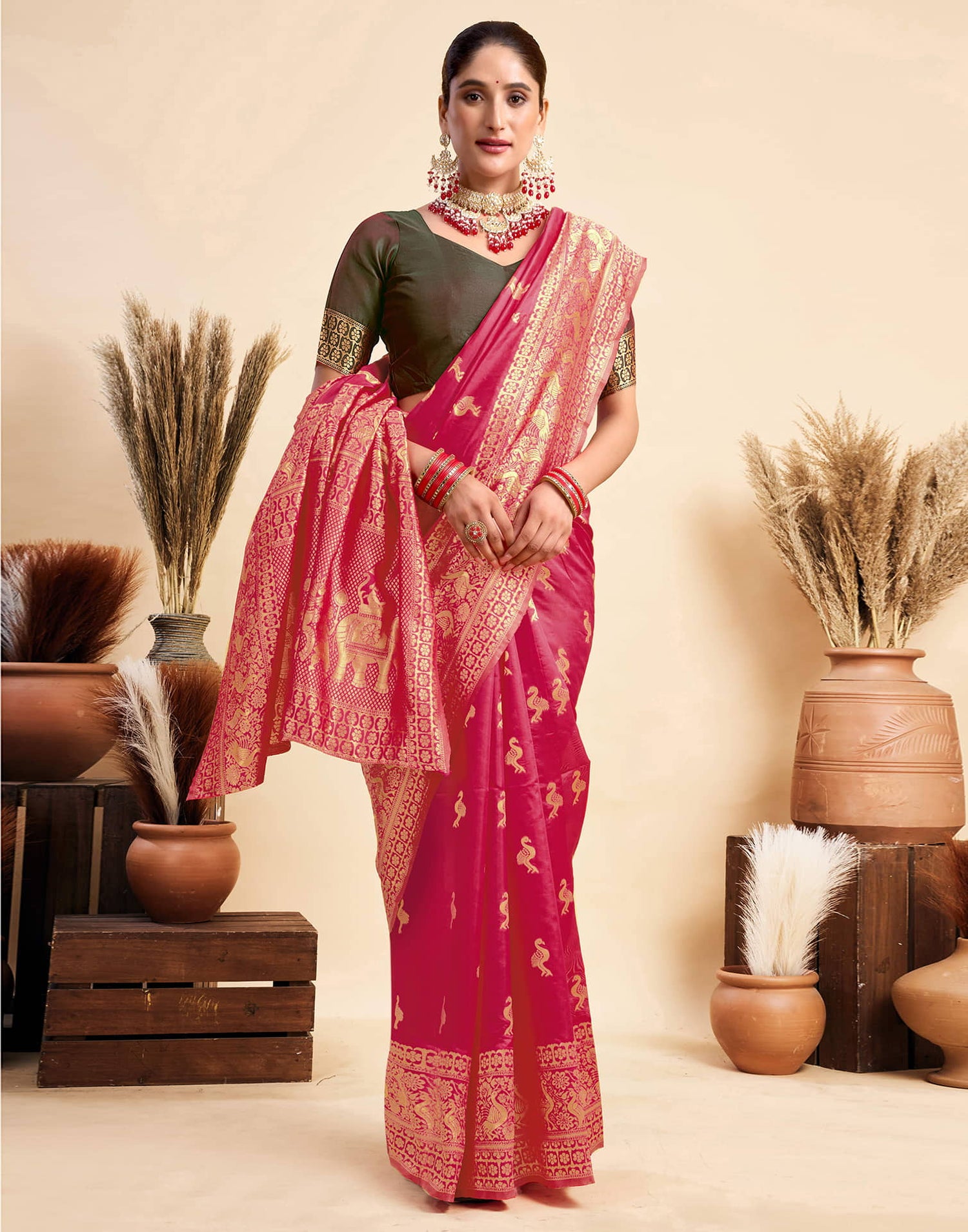Bright Pink Silk Woven Banarasi Saree