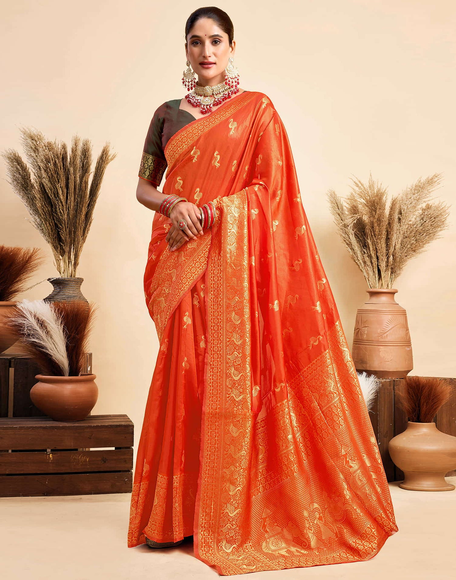 Orange Silk Woven Banarasi Saree