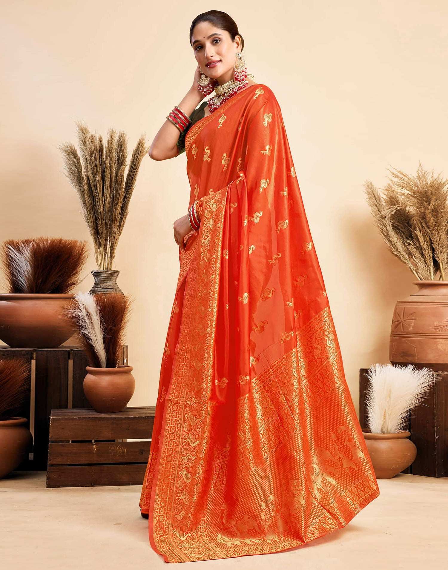 Orange Silk Woven Banarasi Saree