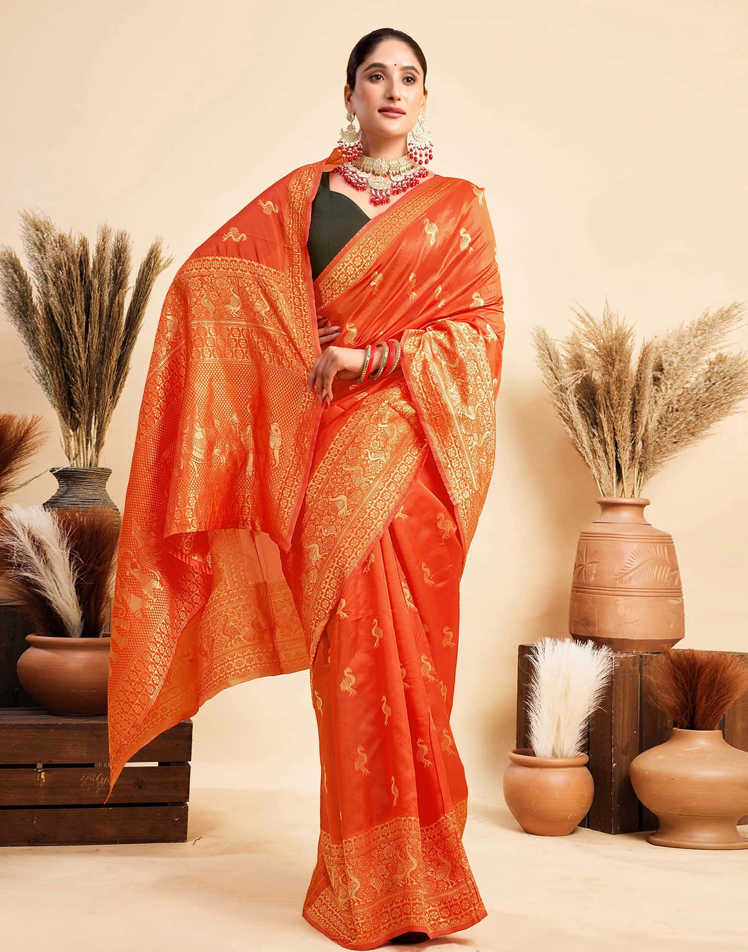 Orange Silk Woven Banarasi Saree
