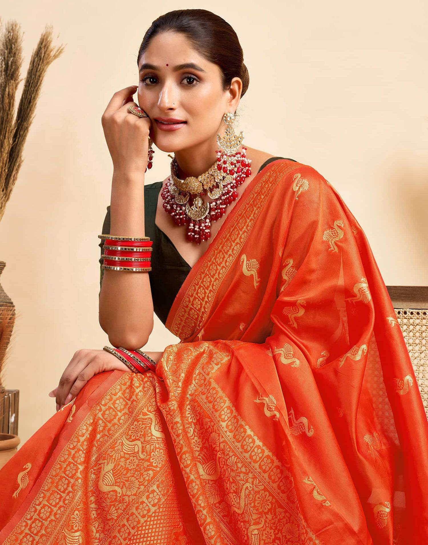 Orange Silk Woven Banarasi Saree