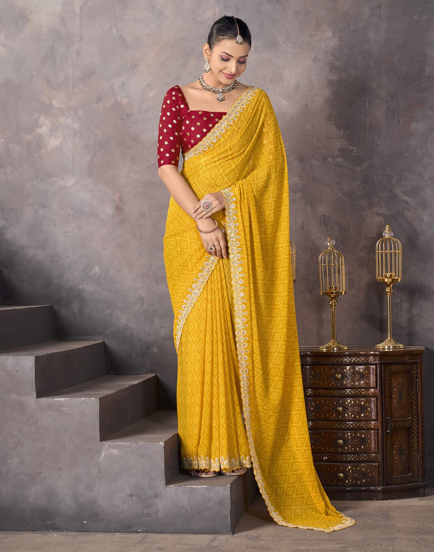 Yellow Georgette Bandhani Saree