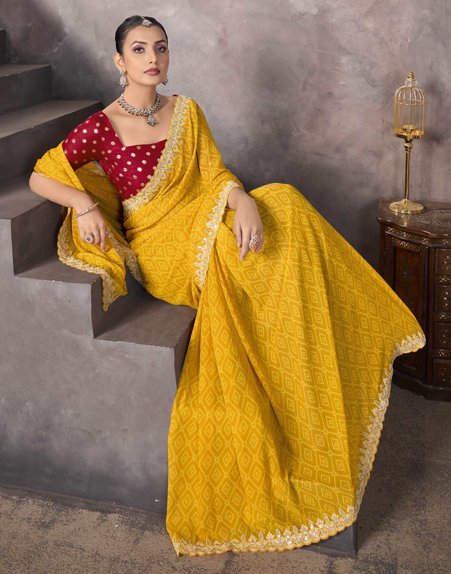 Yellow Georgette Bandhani Saree