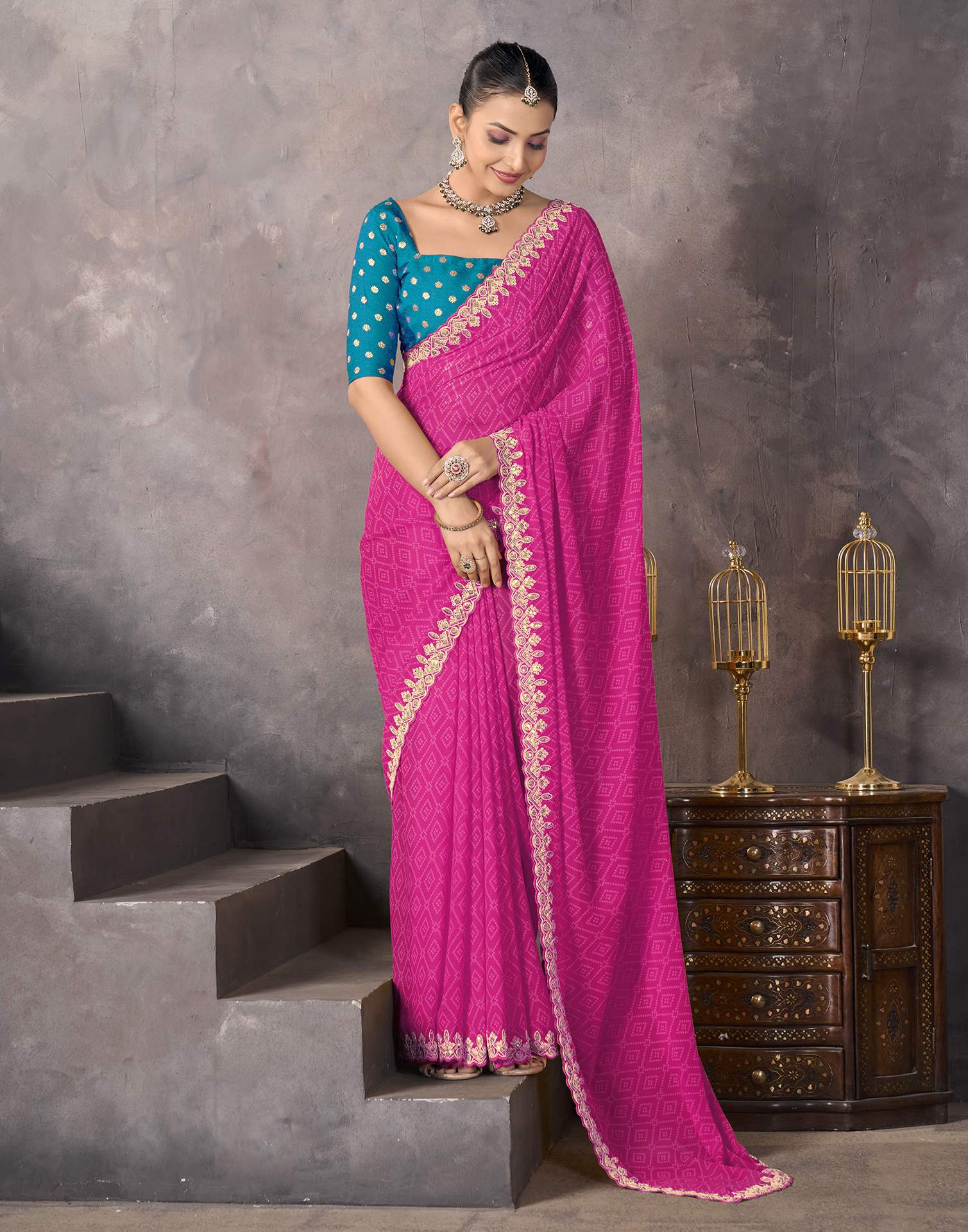 Rani Pink Georgette Bandhani Saree