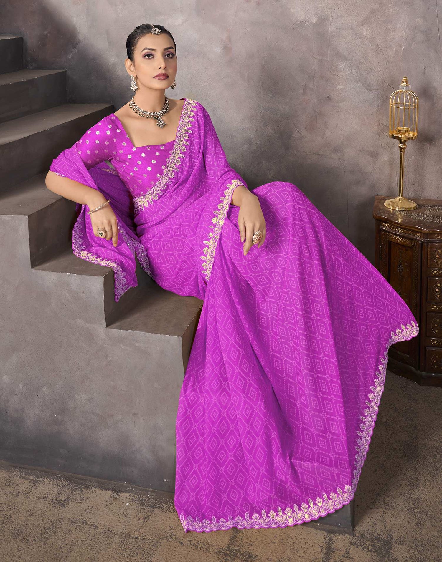 Orchid Pink Georgette Bandhani Saree