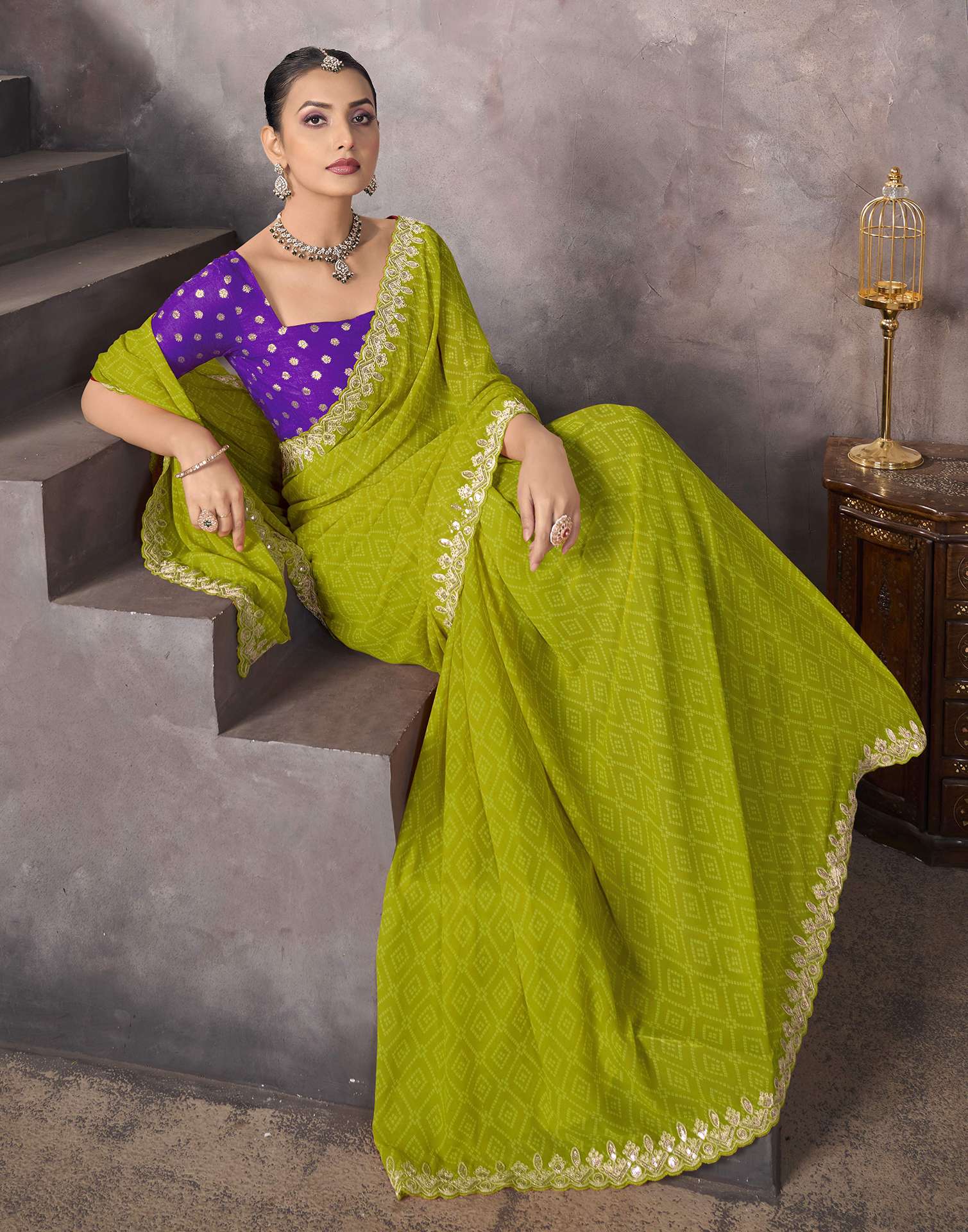 Olive Green Georgette Bandhani Saree