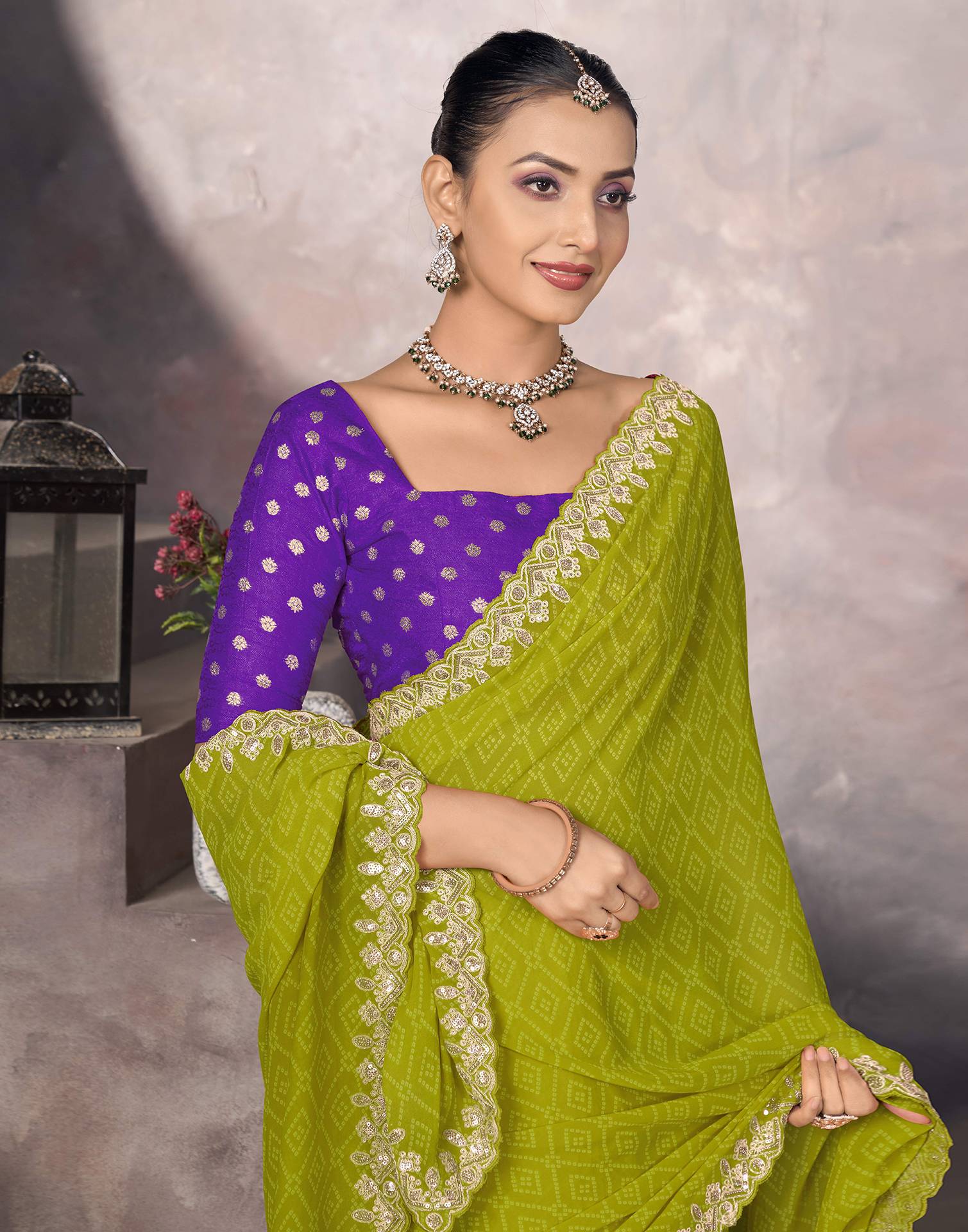 Olive Green Georgette Bandhani Saree