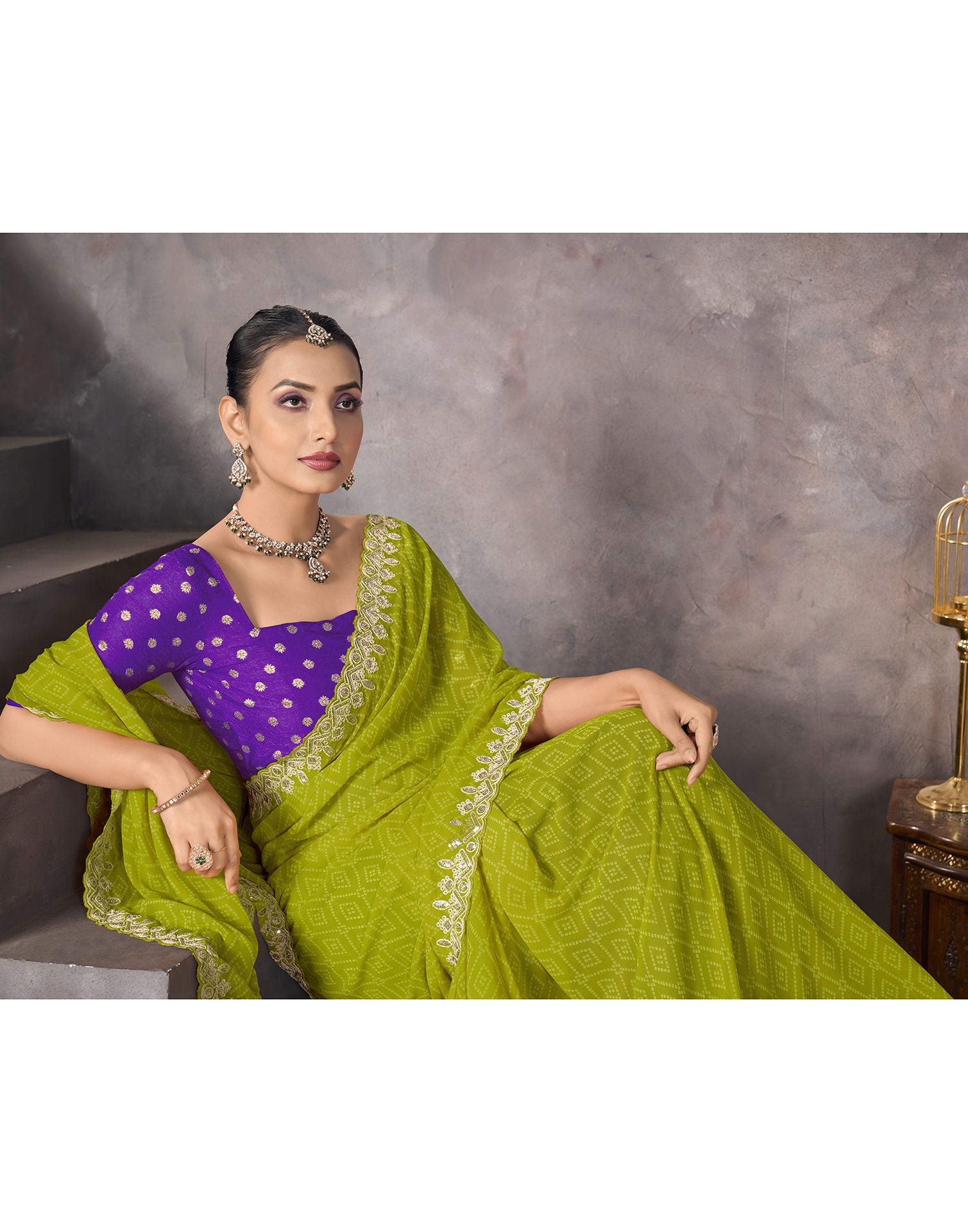 Olive Green Georgette Bandhani Saree