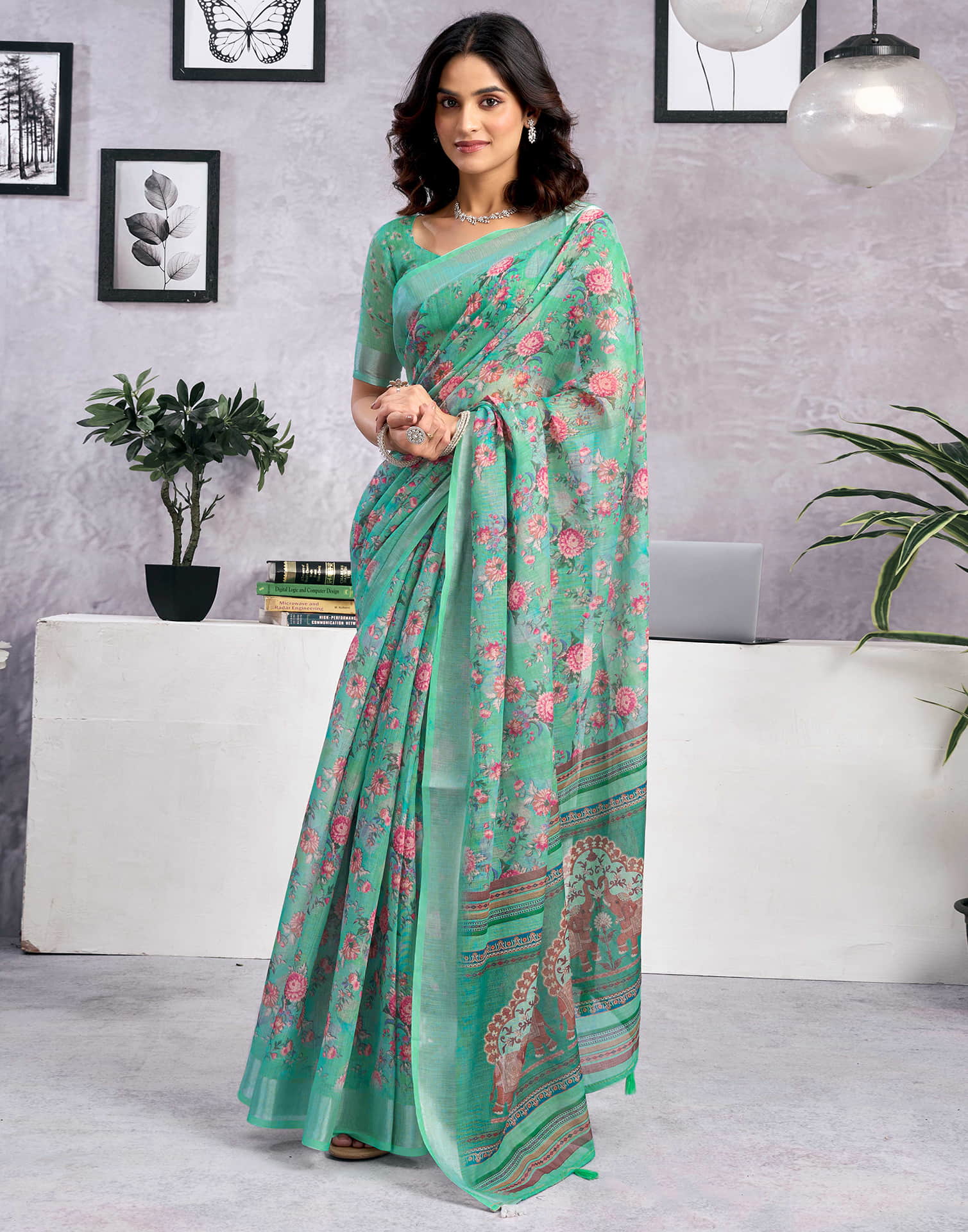 Light Teal Green Linen Floral Printed Saree
