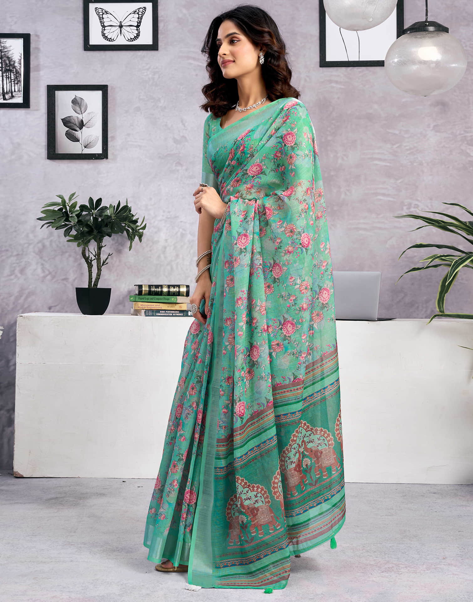 Light Teal Green Linen Floral Printed Saree