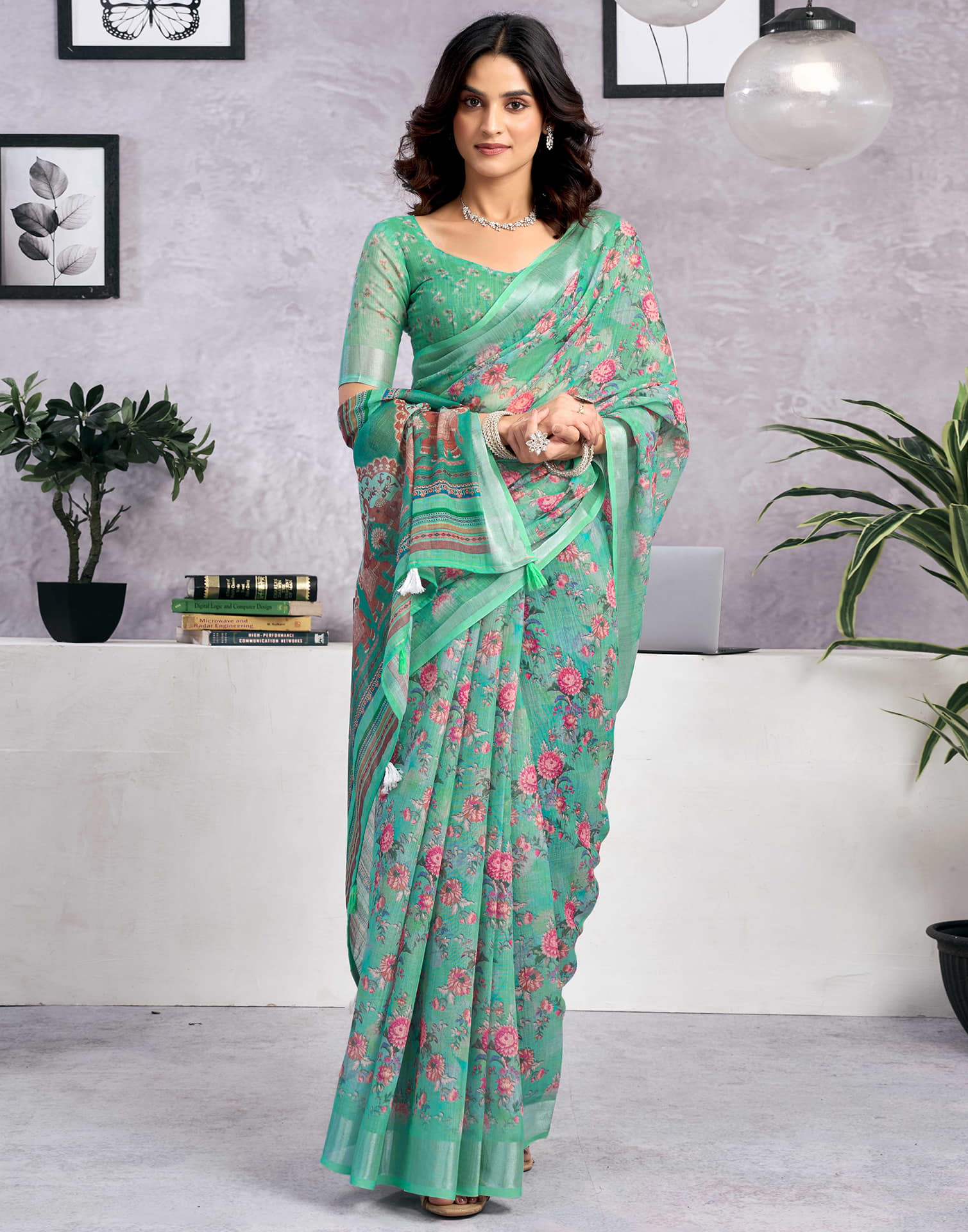 Light Teal Green Linen Floral Printed Saree