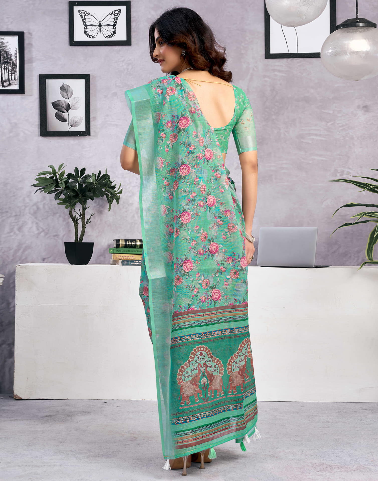 Light Teal Green Linen Floral Printed Saree
