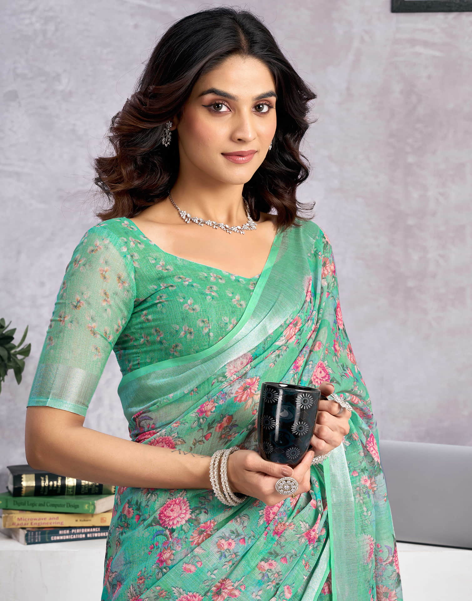 Light Teal Green Linen Floral Printed Saree