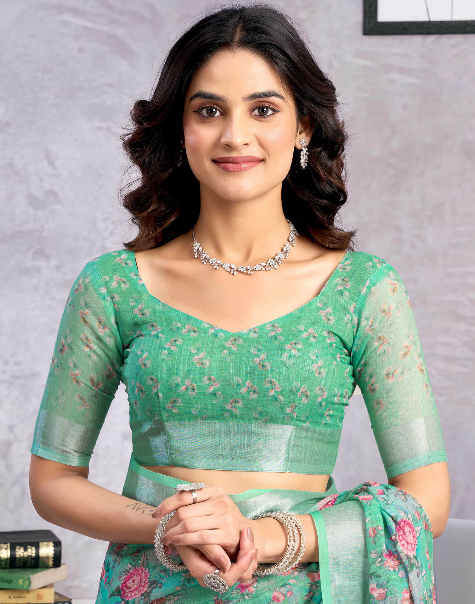 Light Teal Green Linen Floral Printed Saree
