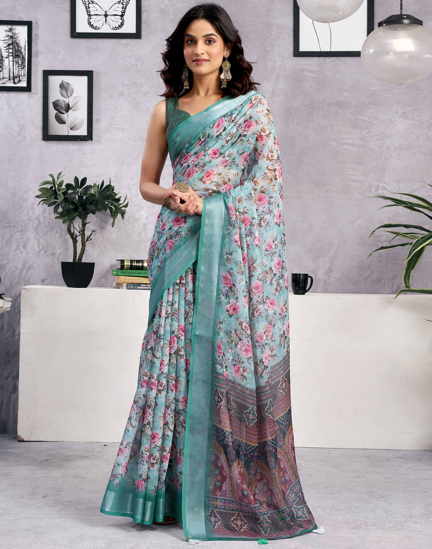 Light Teal Blue Linen Floral Printed Saree