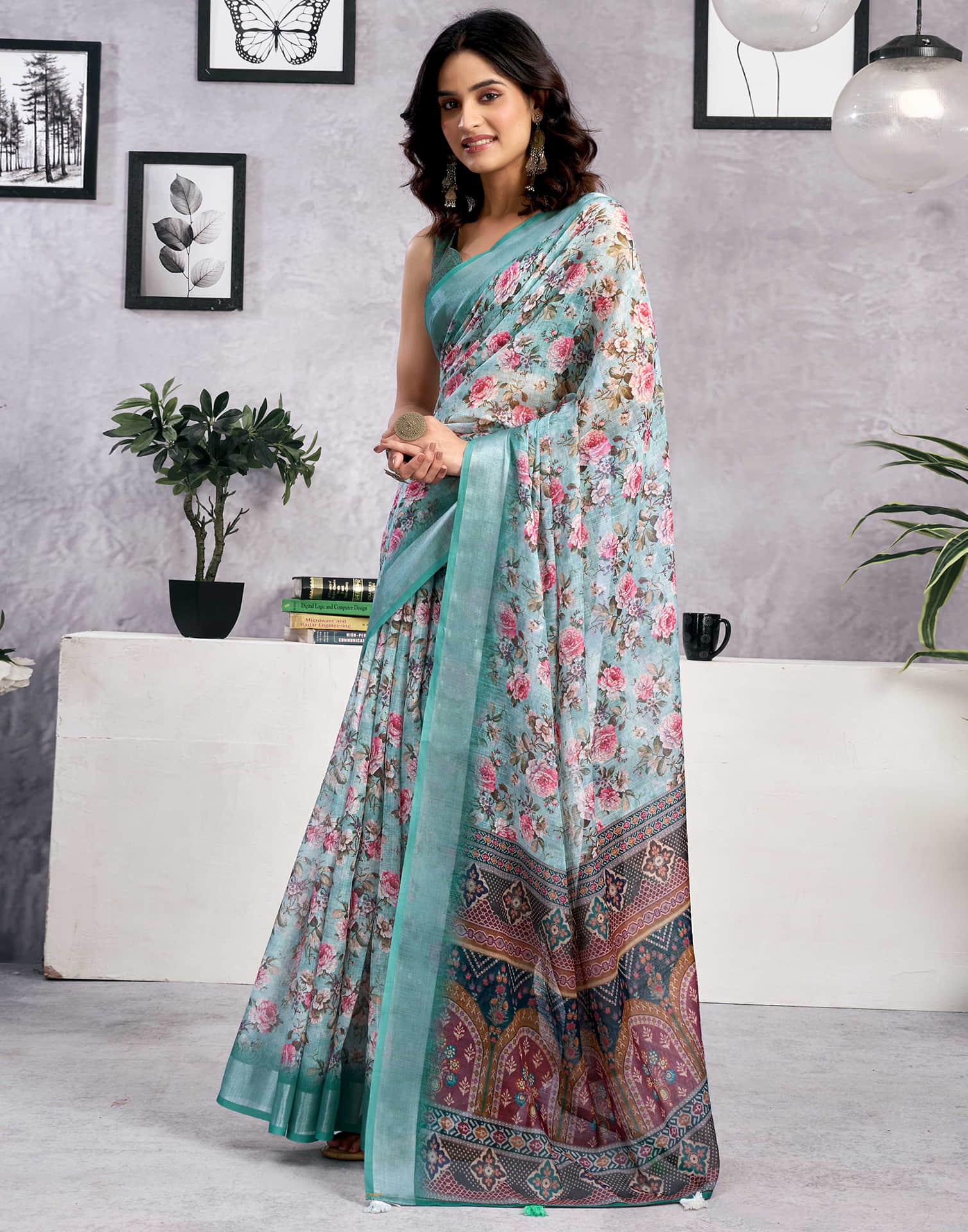 Light Teal Blue Linen Floral Printed Saree