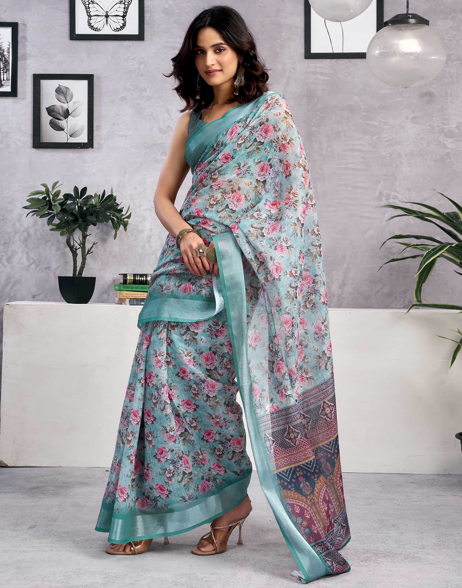 Light Teal Blue Linen Floral Printed Saree