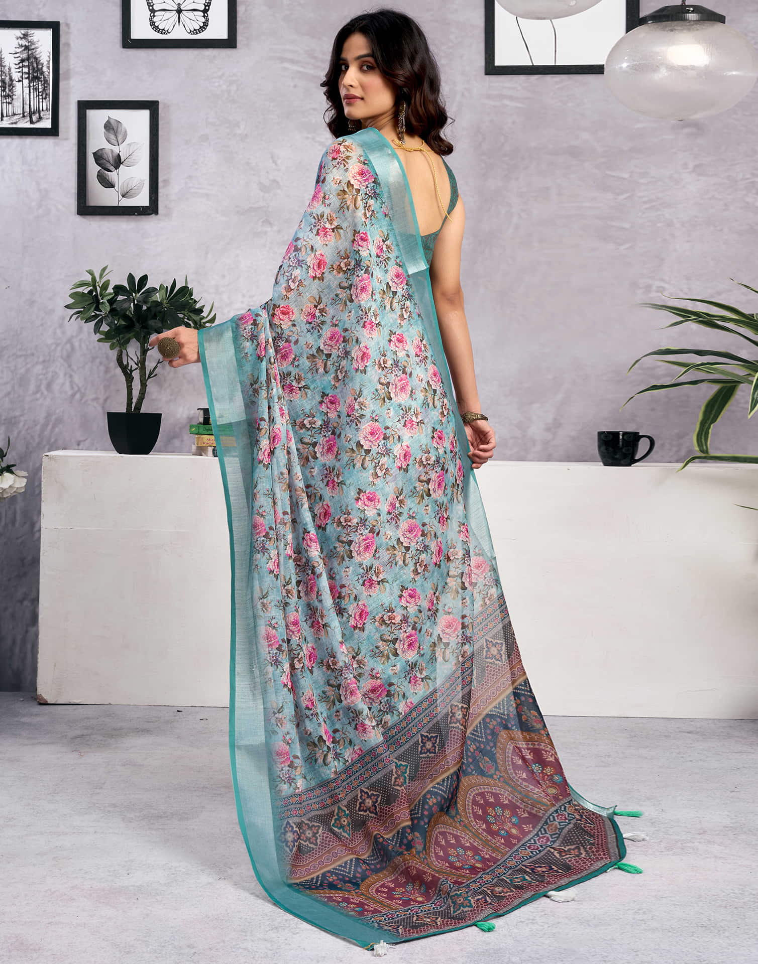 Light Teal Blue Linen Floral Printed Saree