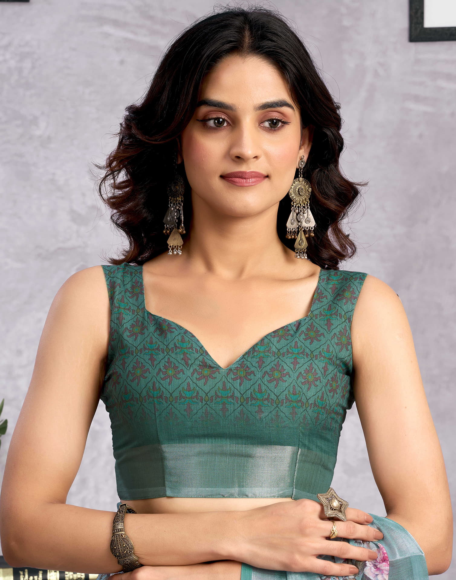 Light Teal Blue Linen Floral Printed Saree